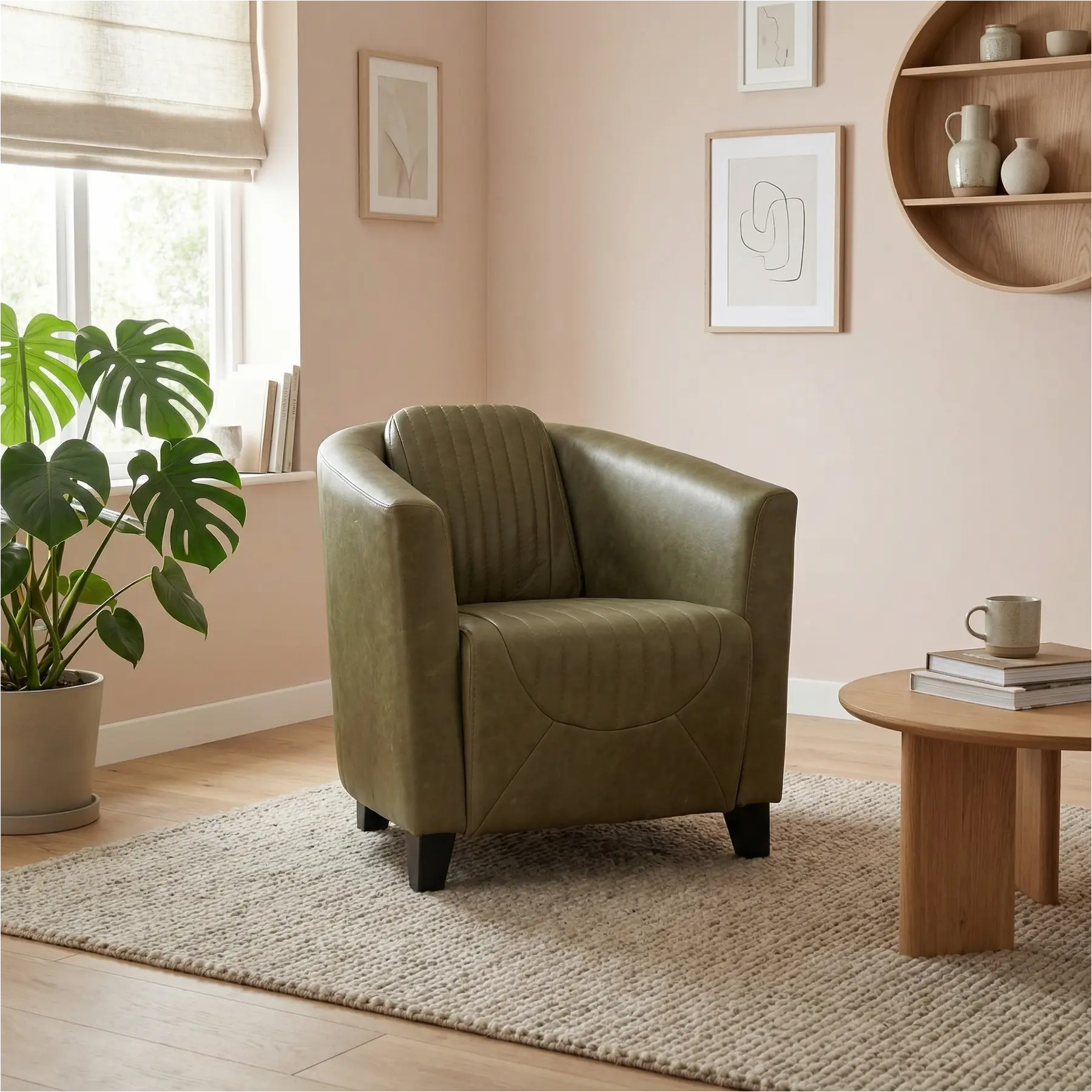 afbeelding van Leren fauteuil Press Special - Vintage Olive (olijf/groen) - Poten hout zwart