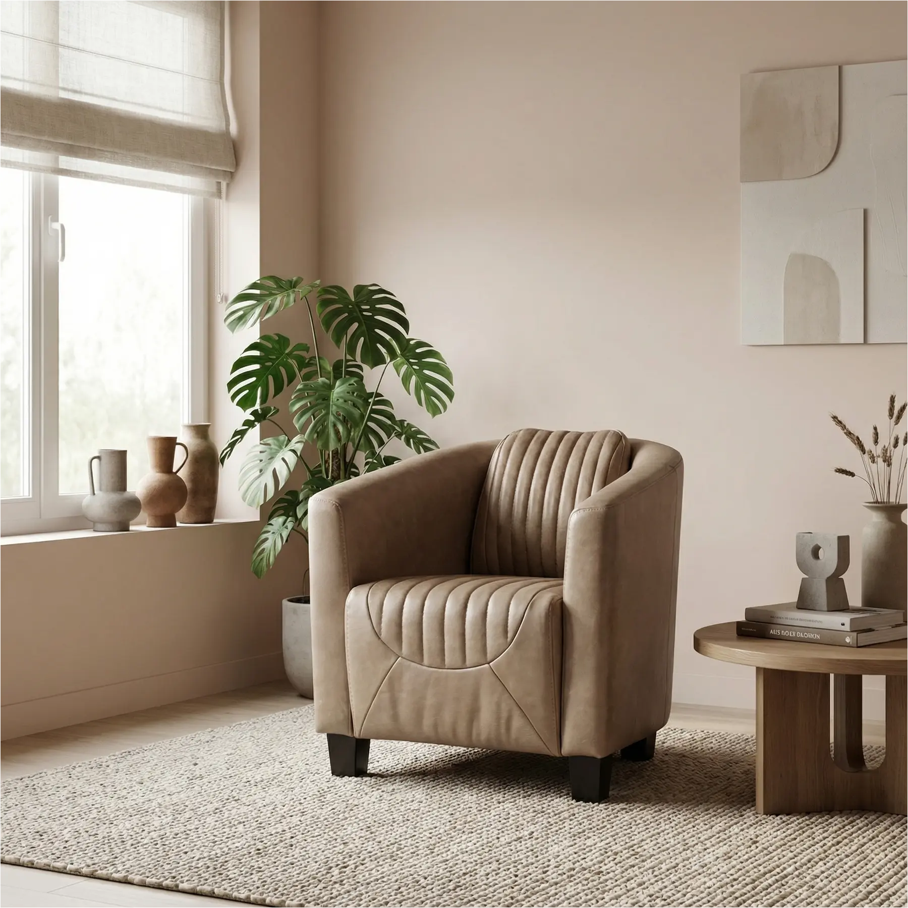 afbeelding van Leren fauteuil Press Special - Vintage Taupe (taupe/bruin) - Poten hout zwart