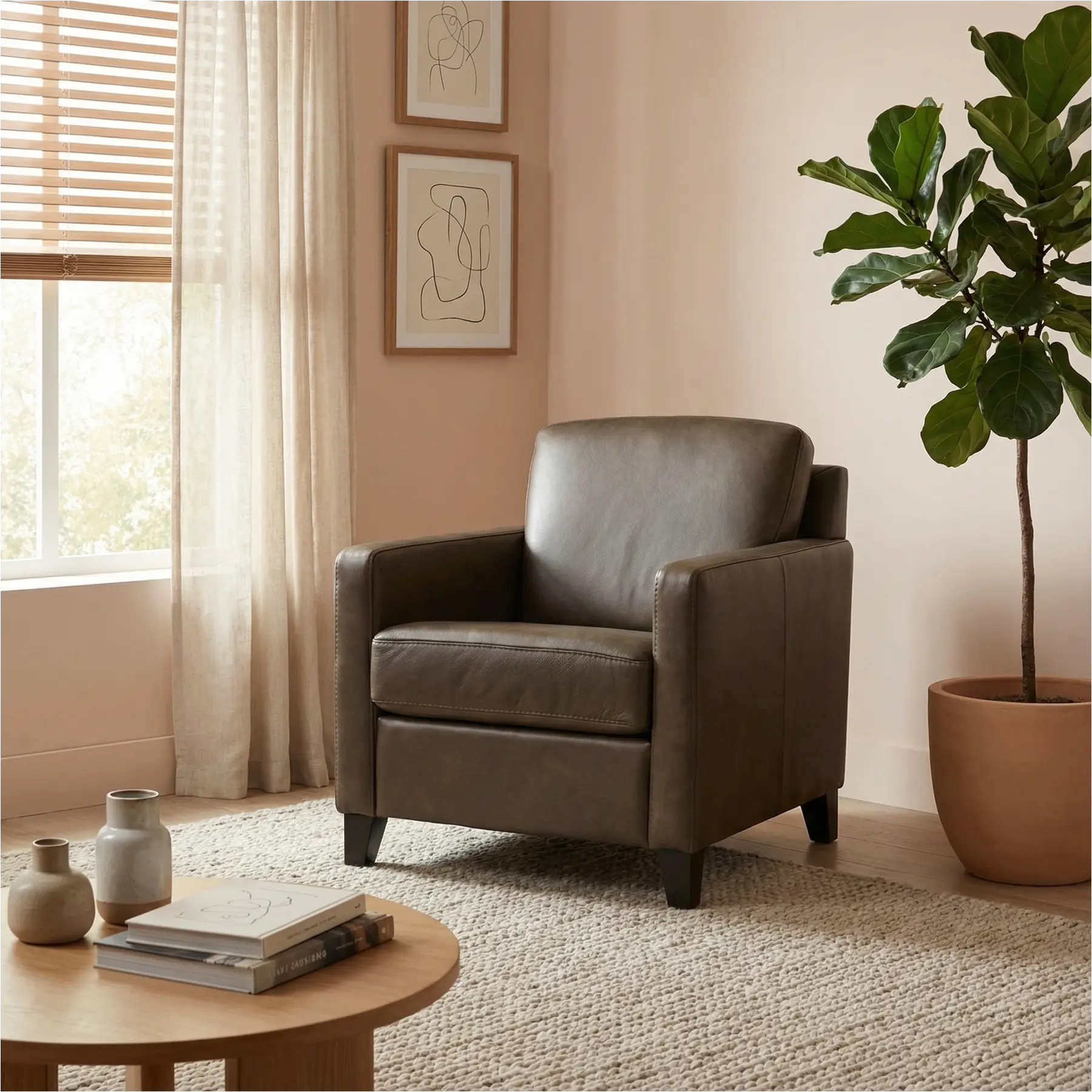 afbeelding van Leren fauteuil Smart - Granada Ash (grijs/bruin) - Poten hout zwart