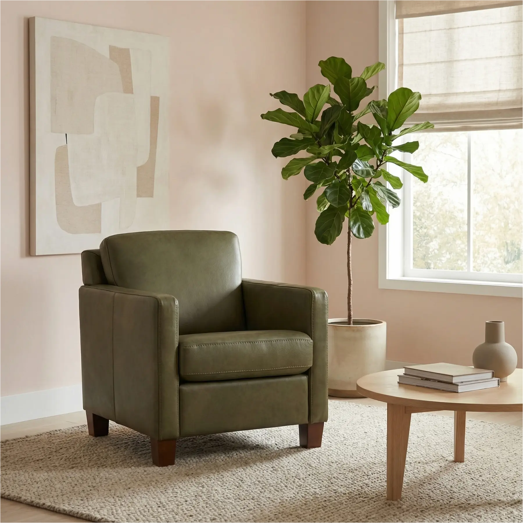 afbeelding van Leren fauteuil Smart - Granada Moss (olijf/groen) - Poten hout bruin