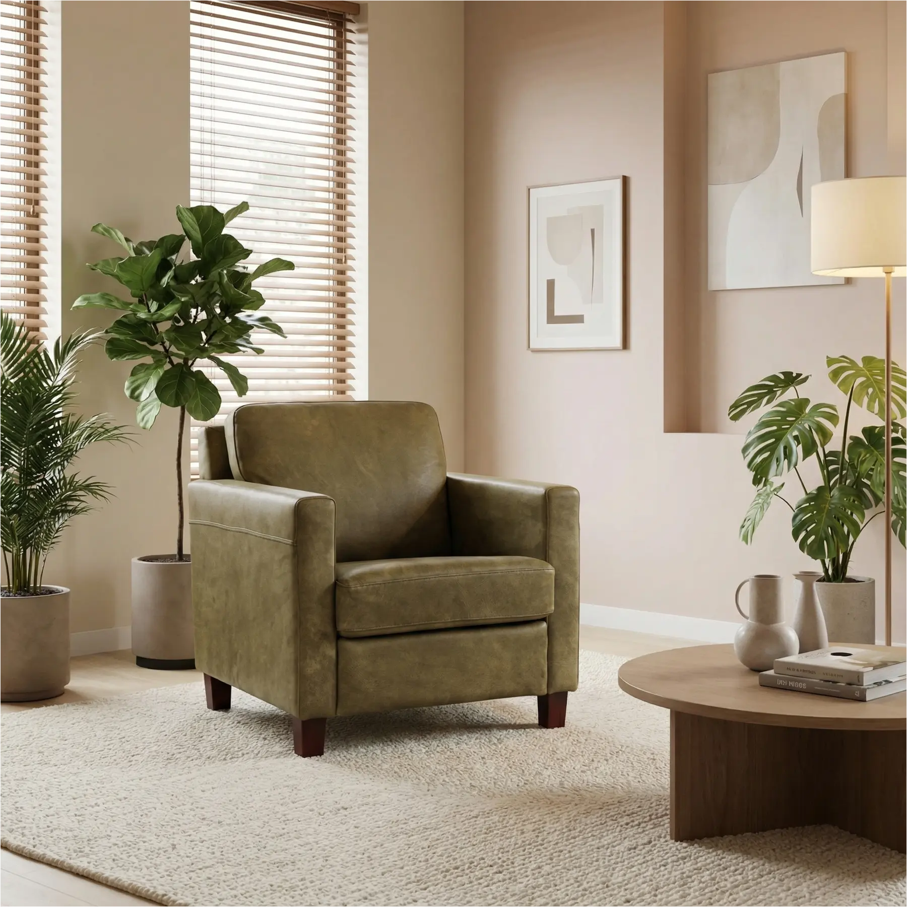 afbeelding van Leren fauteuil Smart - Kenia Olive (olijf) - Poten hout bruin