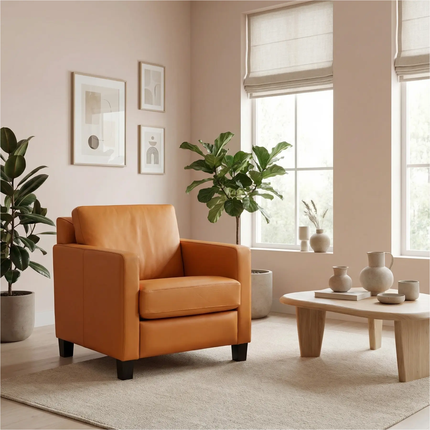 afbeelding van Leren fauteuil Smart - Toledo Sabbia (lichtcognac) - Poten hout bruin