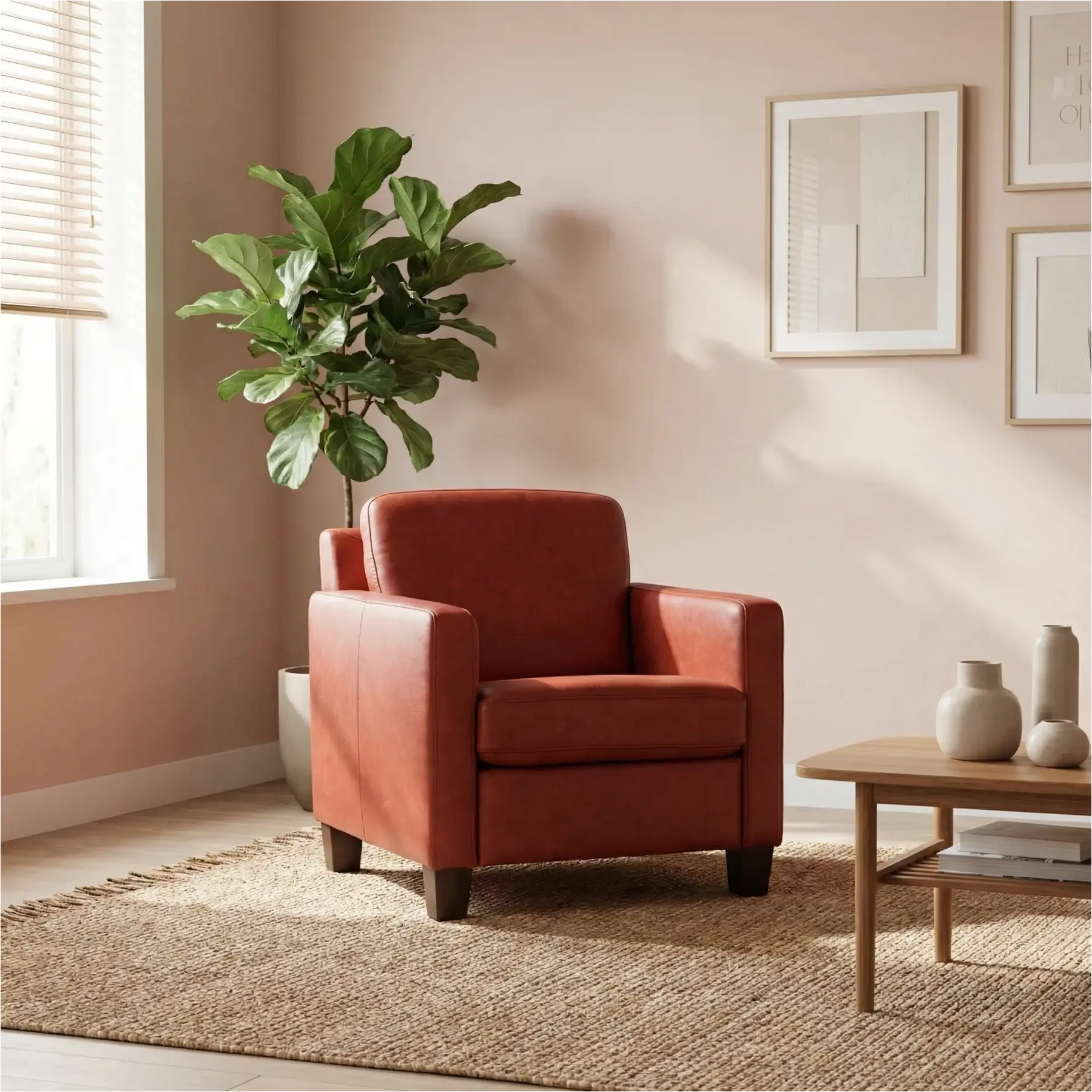 afbeelding van Leren fauteuil Smart - Vintage Burgundy (rood) - Poten hout bruin