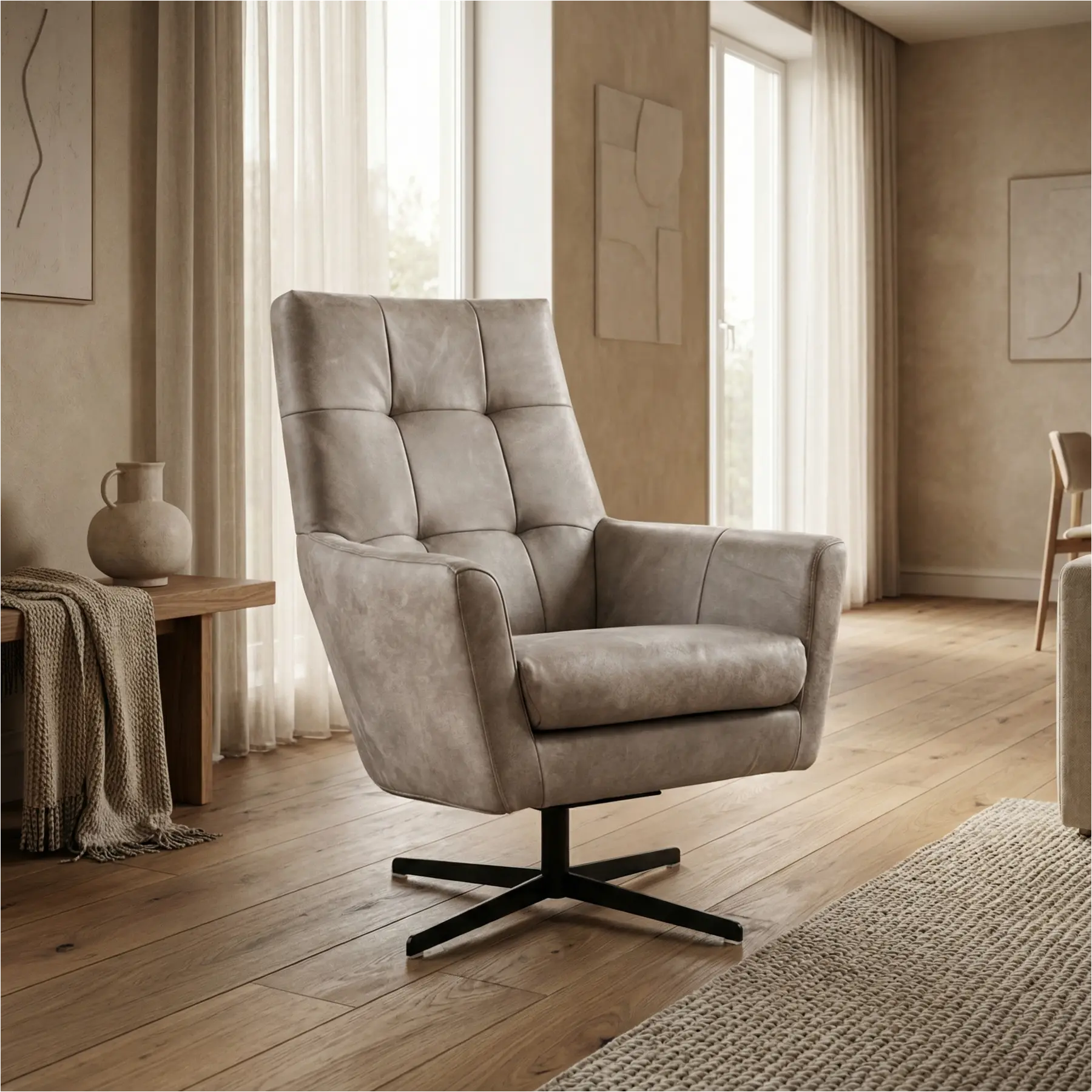 afbeelding van Leren draaifauteuil Central - Kenia Lightgrey (lichtgrijs)