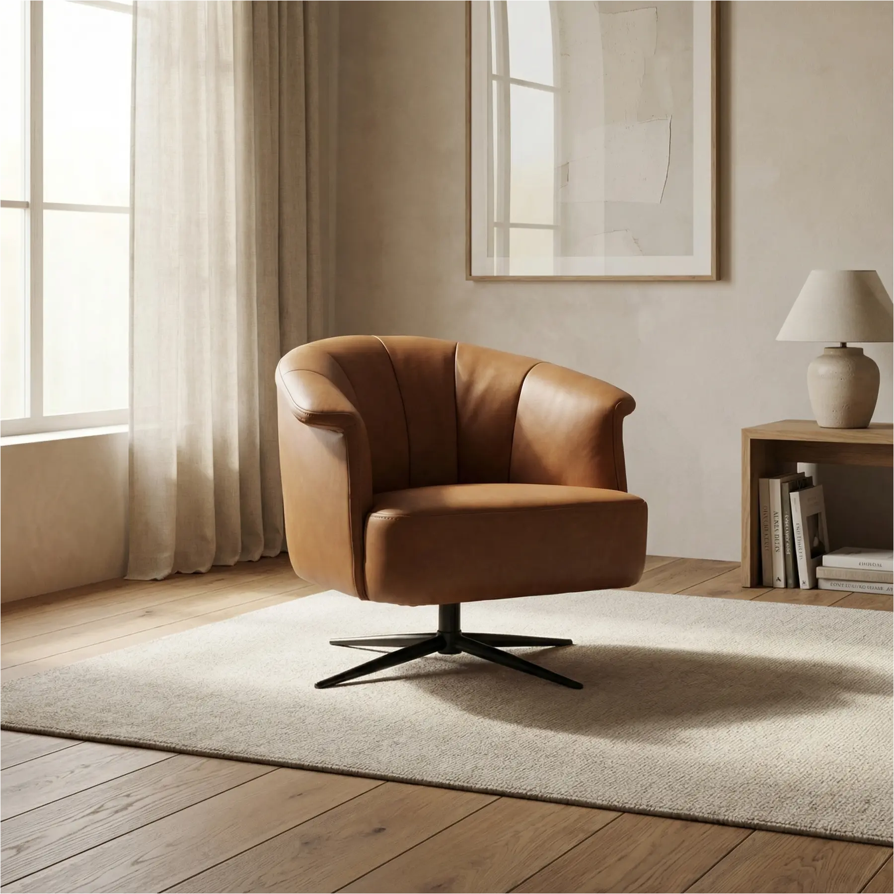 afbeelding van Leren draaifauteuil Embrace - Rancho Cognac (cognac) - stervoet zwart