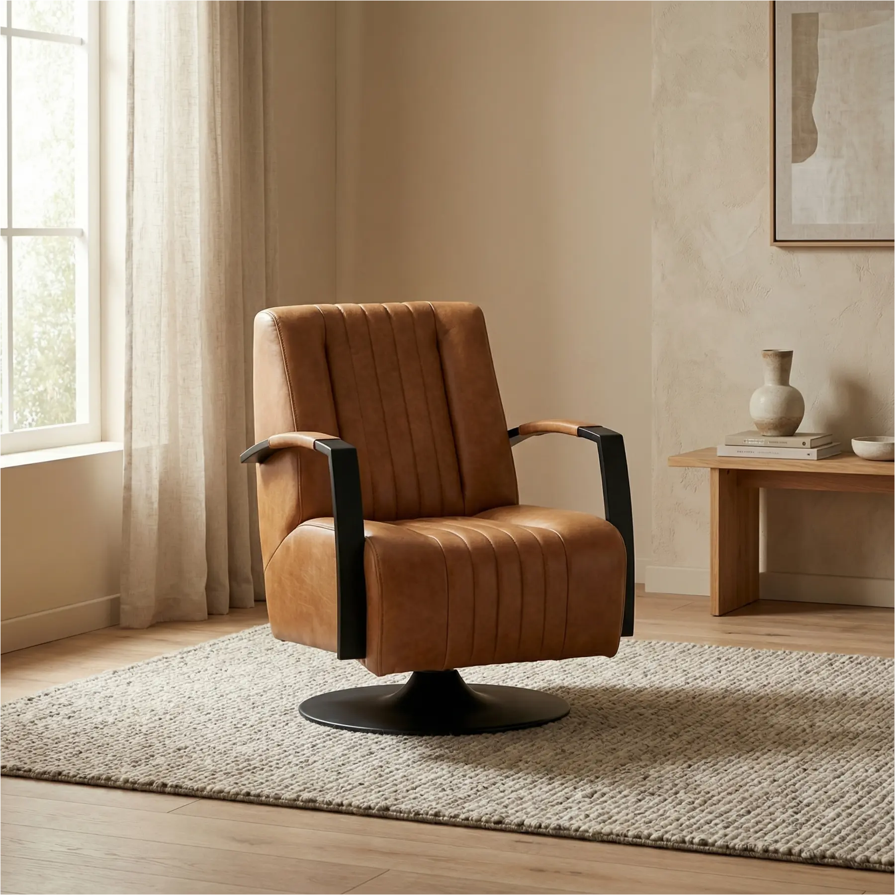afbeelding van Leren draaifauteuil Galaxy - Kenia Taupe (taupe/bruin) - Schotelvoet zwart