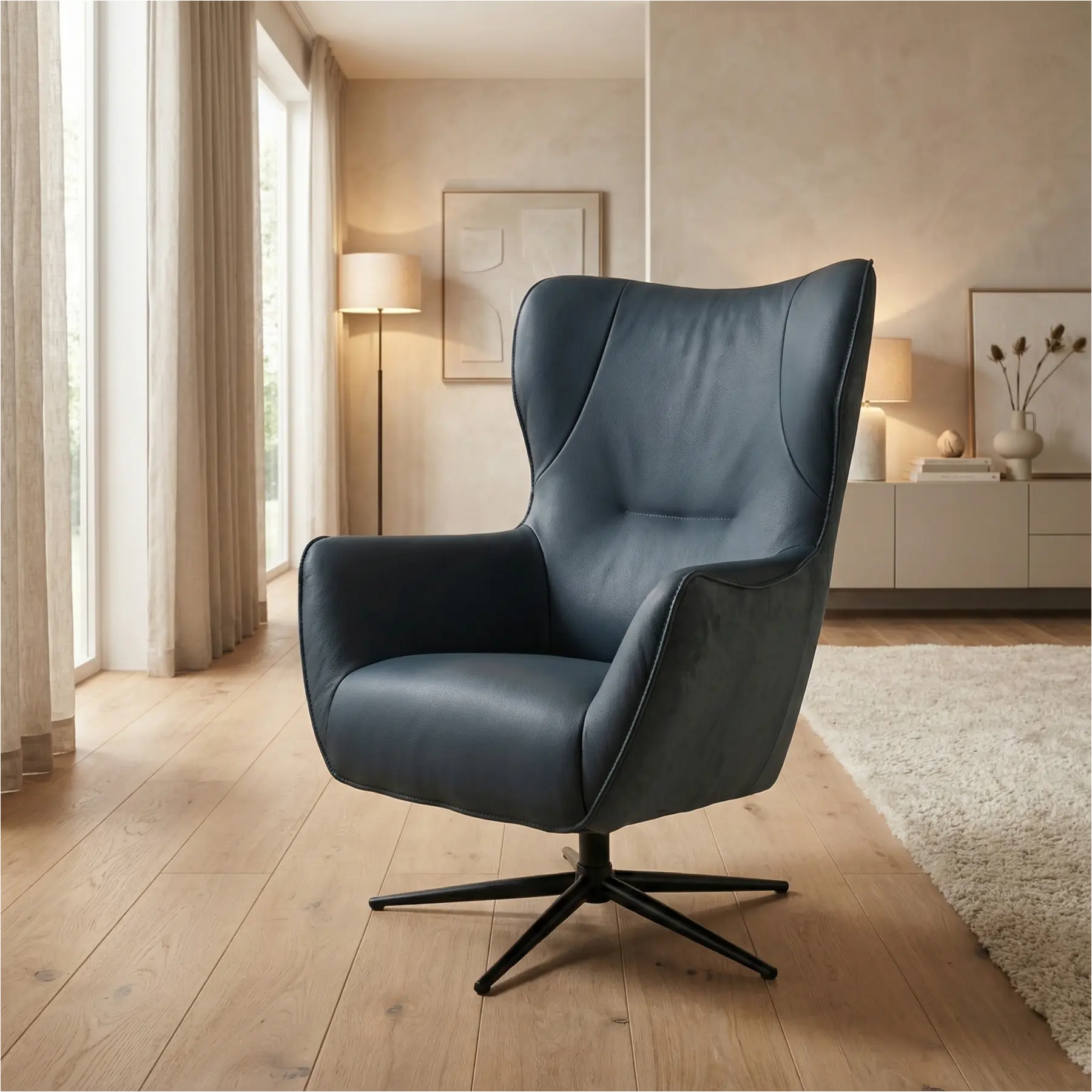 afbeelding van Leren draaifauteuil Leaf Duo - Kenia Denim en Toledo Marine - Stervoet zwart