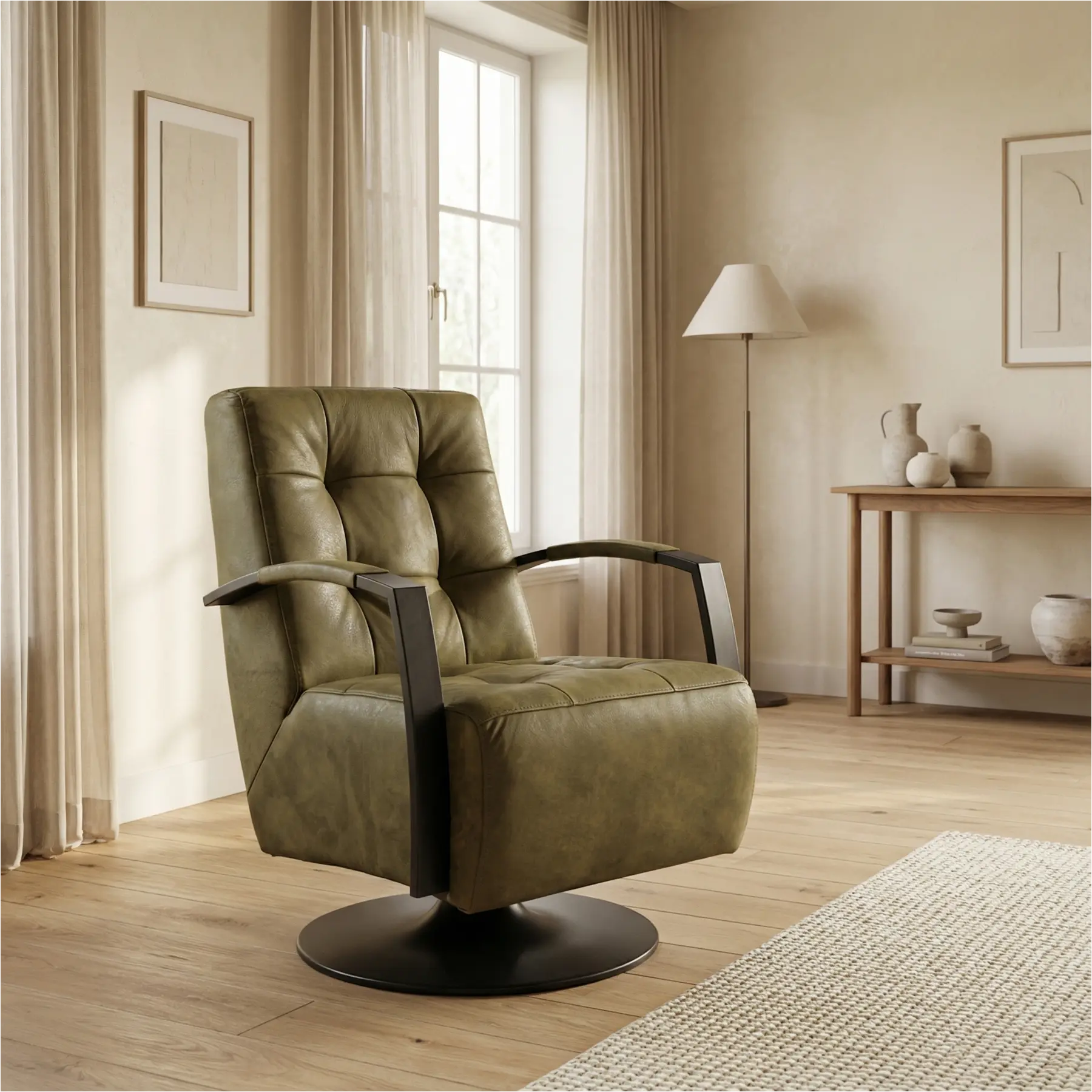 afbeelding van Leren draaifauteuil Mind - Kenia Olive (olijf) - Schotelvoet zwart