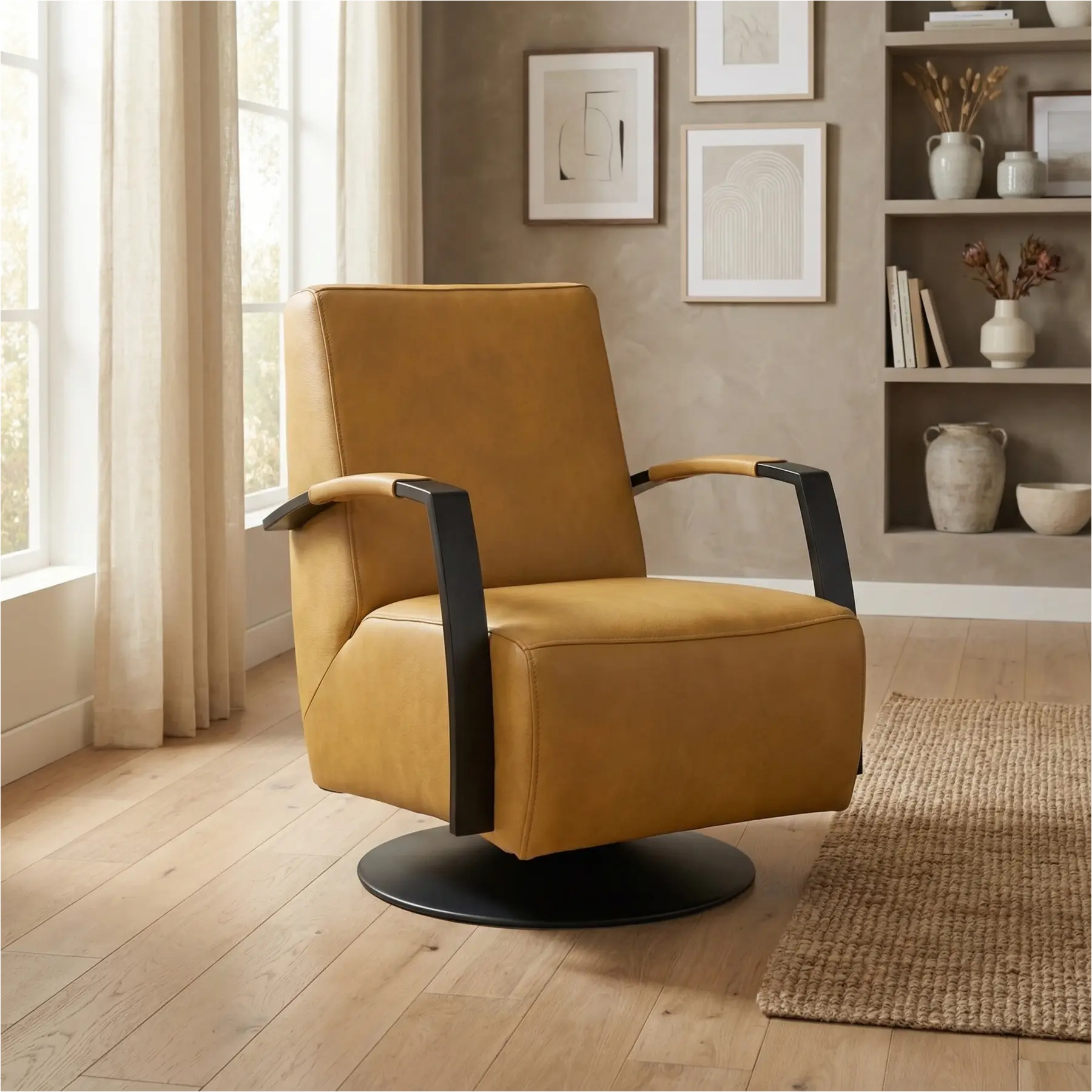afbeelding van Leren draaifauteuil Mood - Granada Amber (cognac) - Schotelvoet zwart