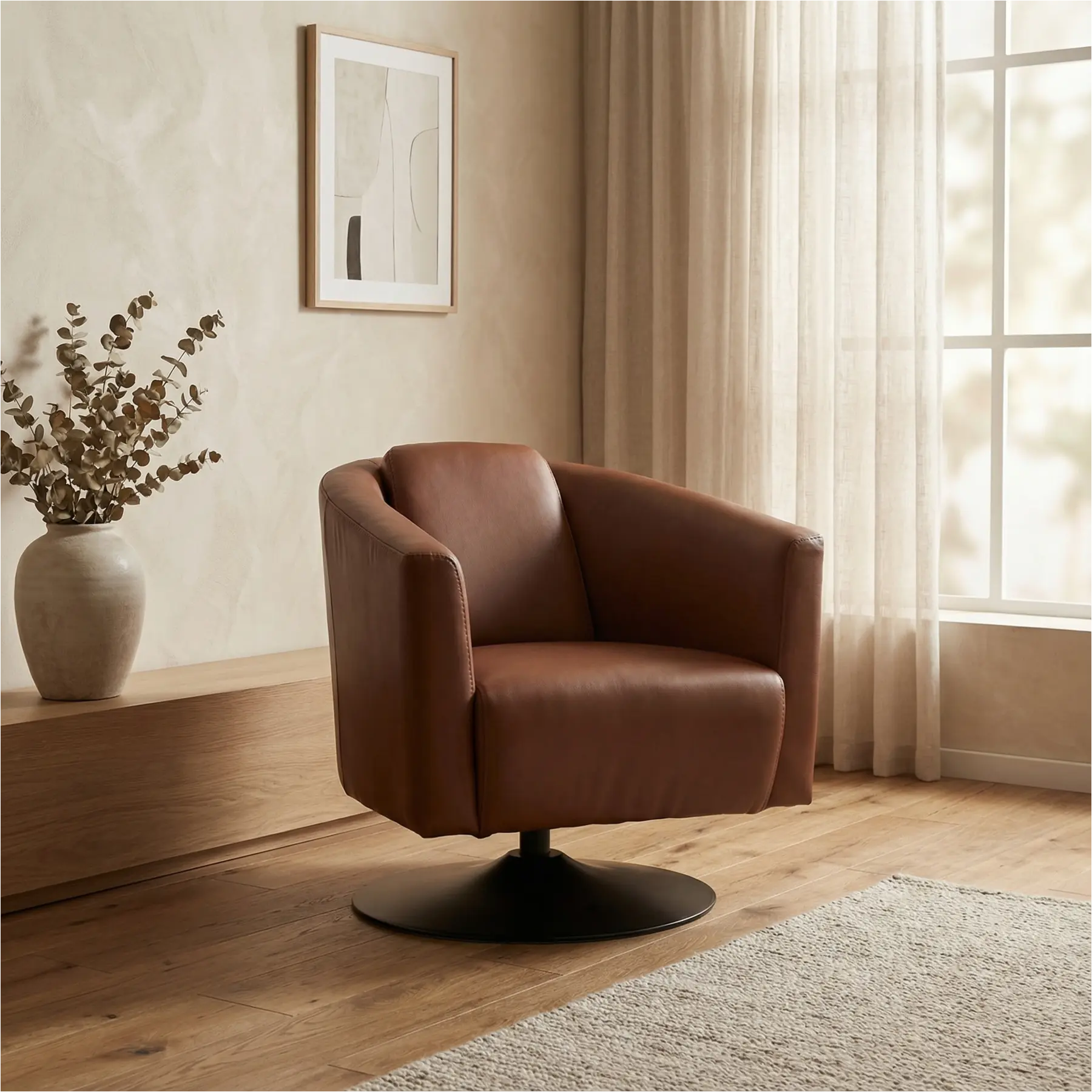 afbeelding van Leren draaifauteuil Press - Massif Armagnac (donkercognac) - Schotelvoet zwart