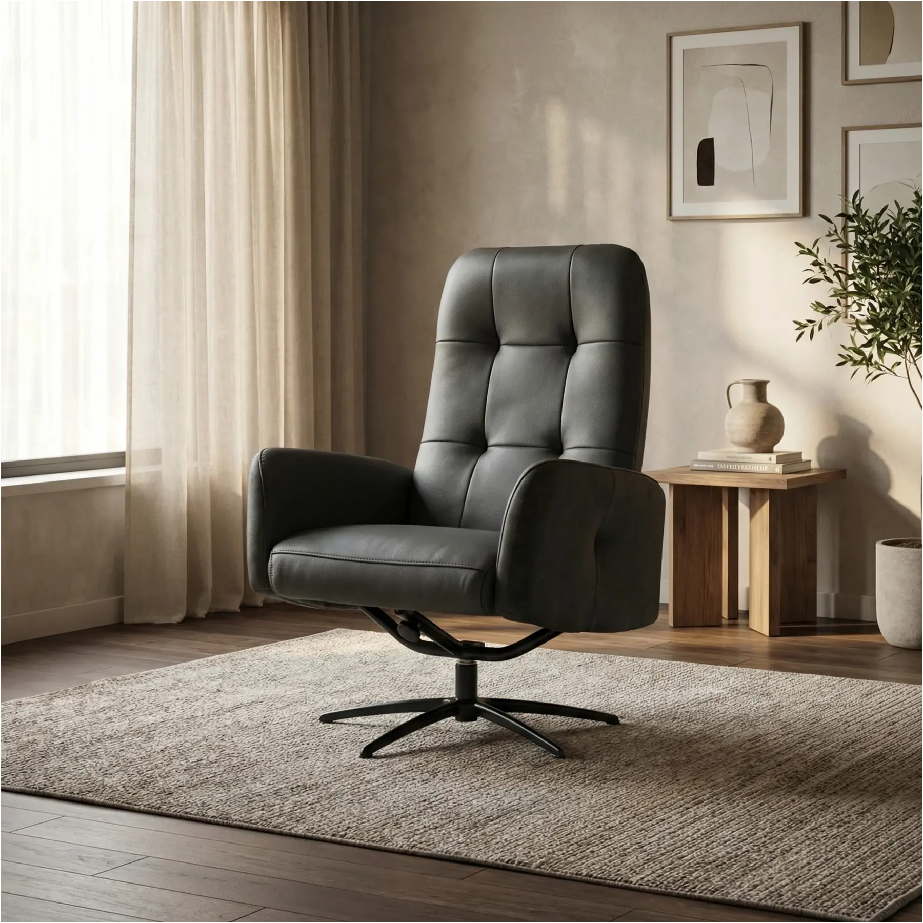 afbeelding van Leren draaifauteuil Pulse Duo - Kenia Antracite en Toledo Antracite - Stervoet zwart