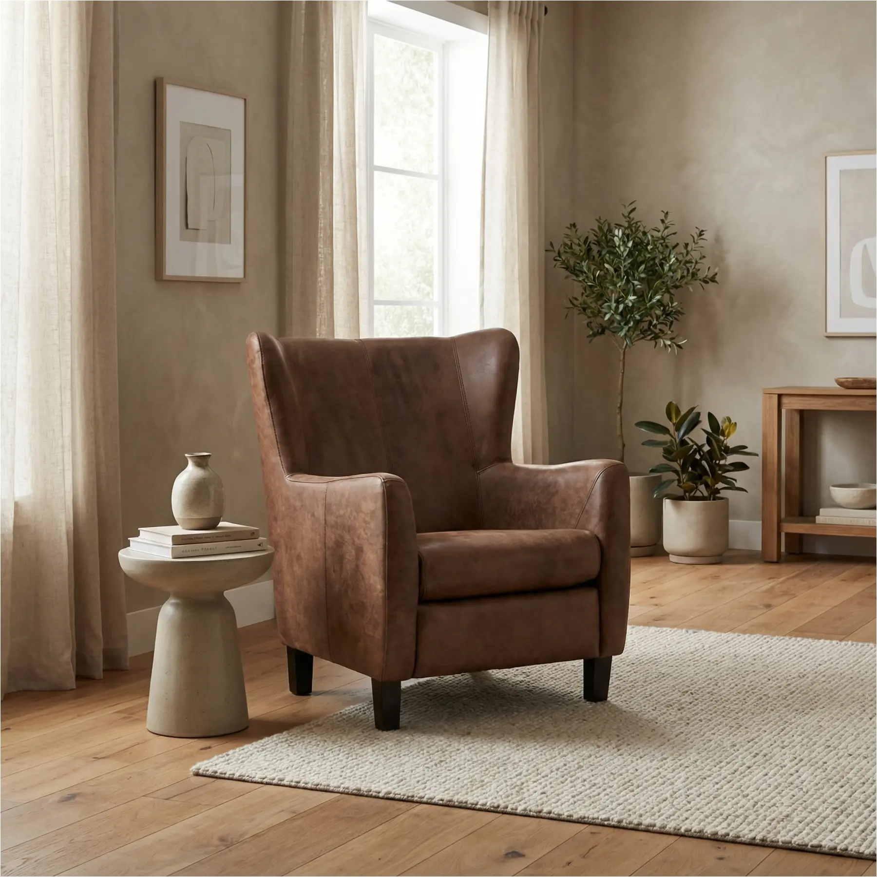 afbeelding van Leren fauteuil Hug - Vintage Brown (bruin) - Poten hout bruin