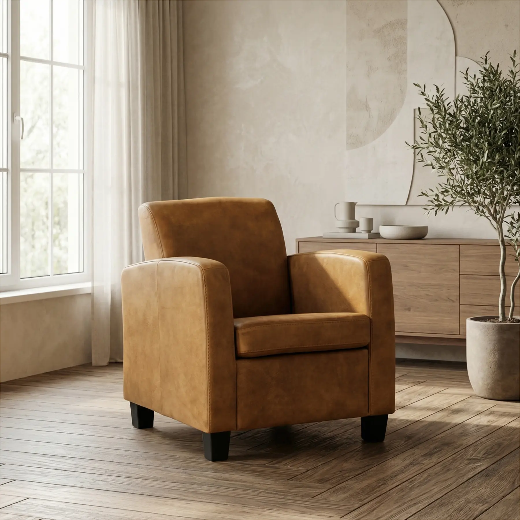 afbeelding van Leren fauteuil Joy - Kenia Walnut (cognac) - Poten hout bruin