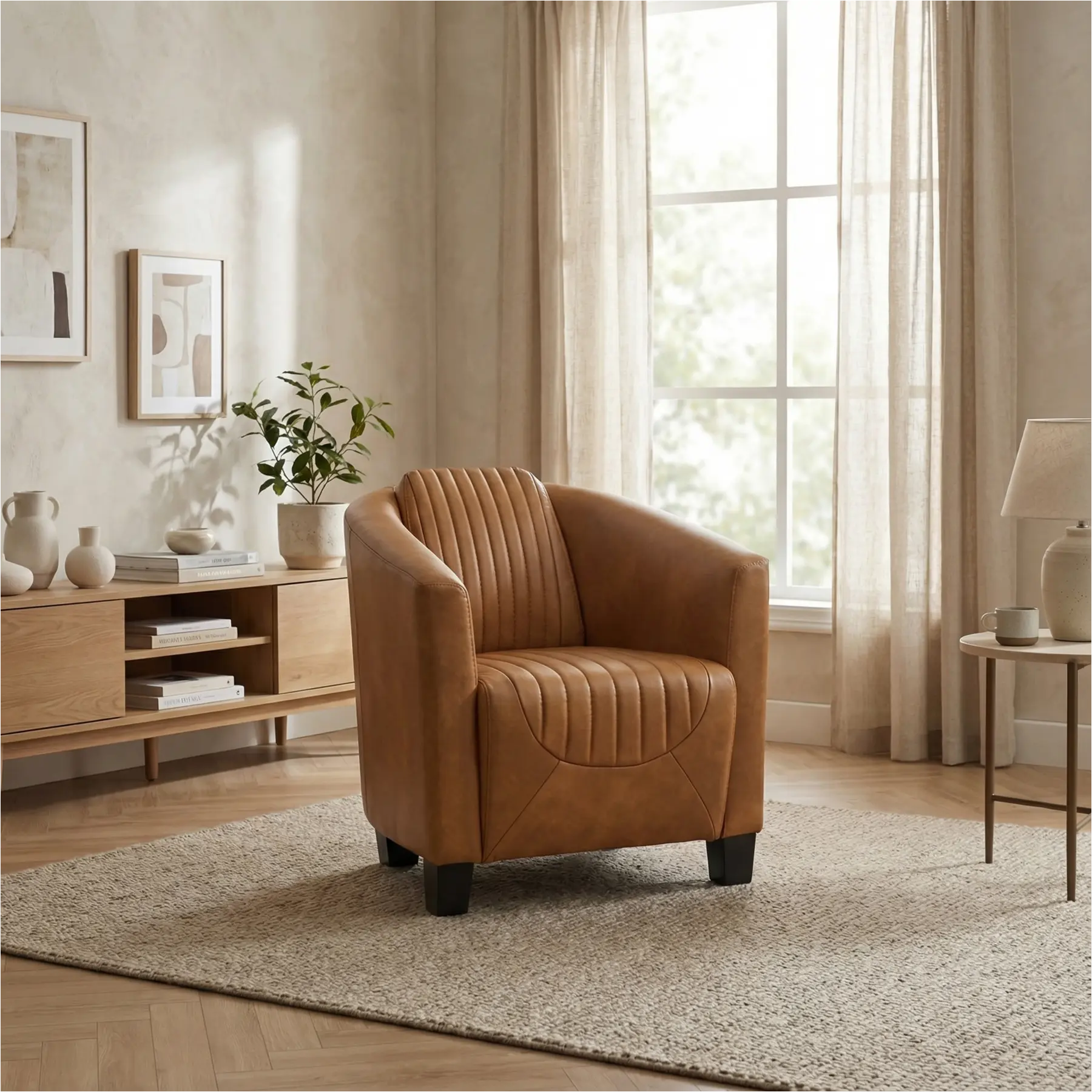 afbeelding van Leren fauteuil Press Special - Granada Sahara (cognac) - Poten hout zwart