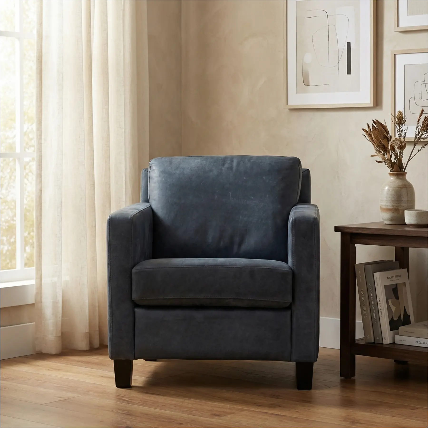 afbeelding van Leren fauteuil Smart - Kenia Denim (blauw) - Poten hout zwart