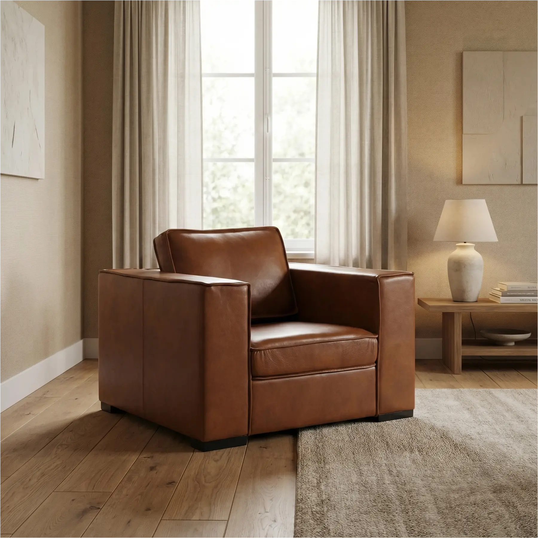 afbeelding van Leren fauteuil Fine - Granada Savannah (cognac) - Poten hout bruin
