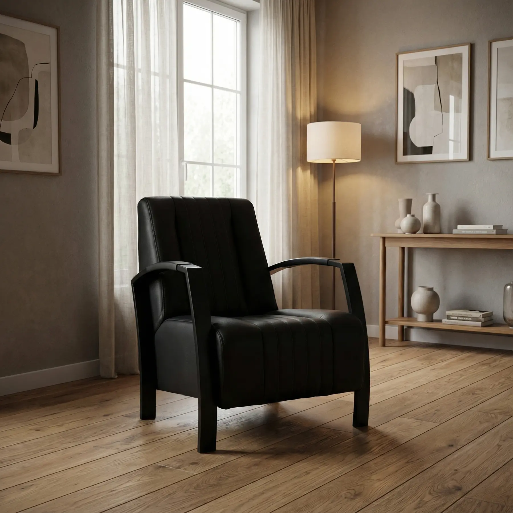 afbeelding van Leren fauteuil Glamour - Hermes Nero (zwart)
