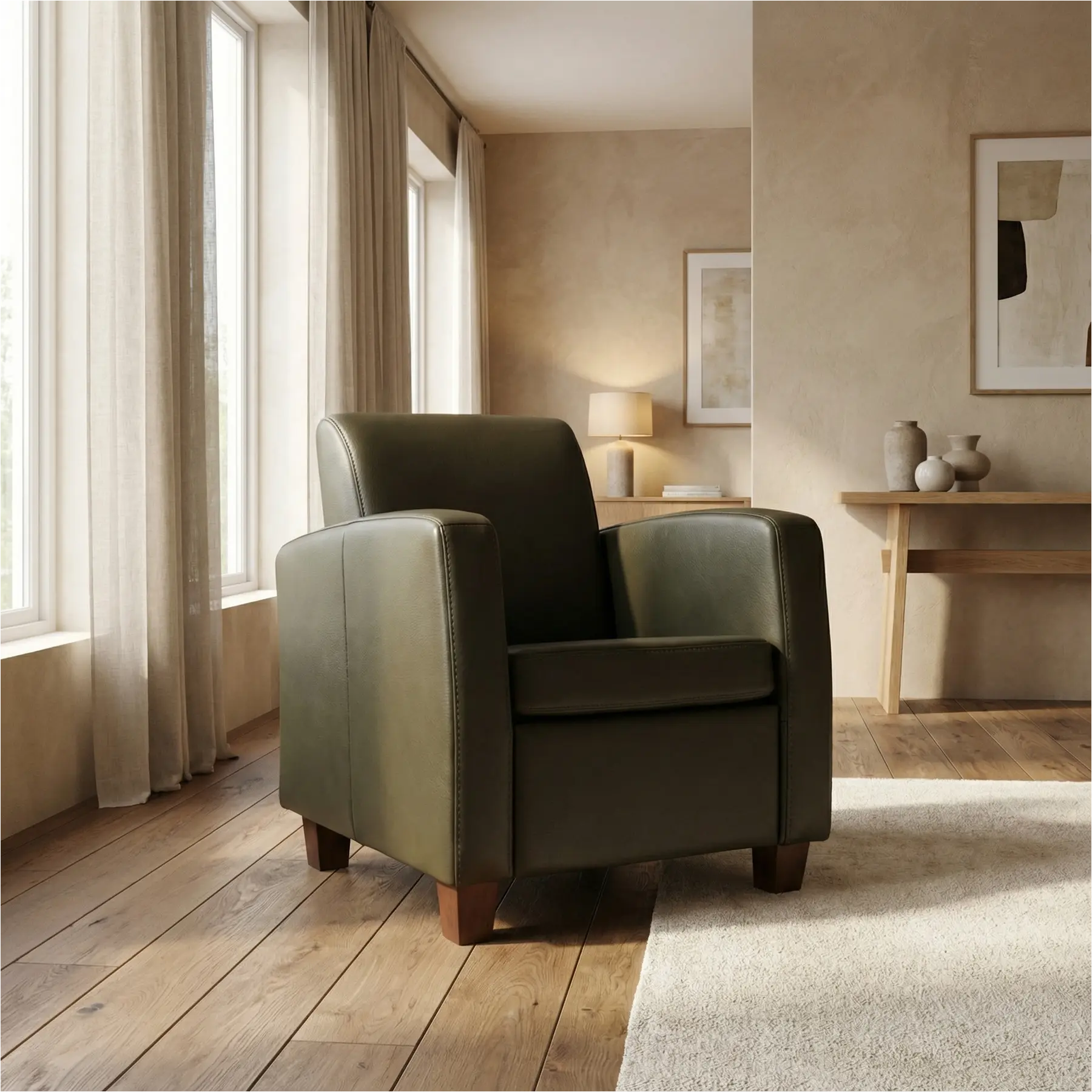 afbeelding van Leren fauteuil Joy - Elegance Green (donkergroen) - Poten hout bruin