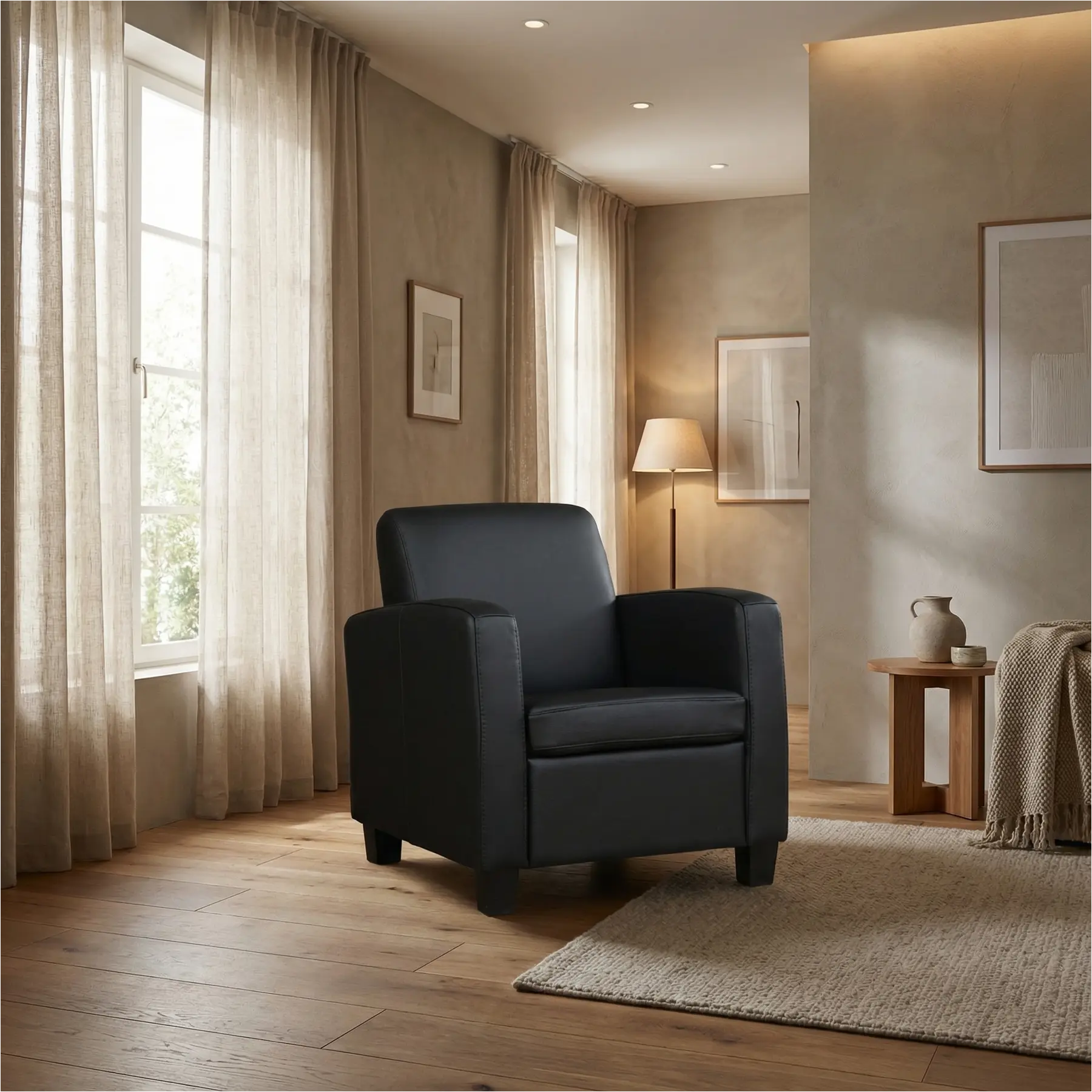 afbeelding van Leren fauteuil Joy - Hermes Nero (zwart) - Poten hout bruin