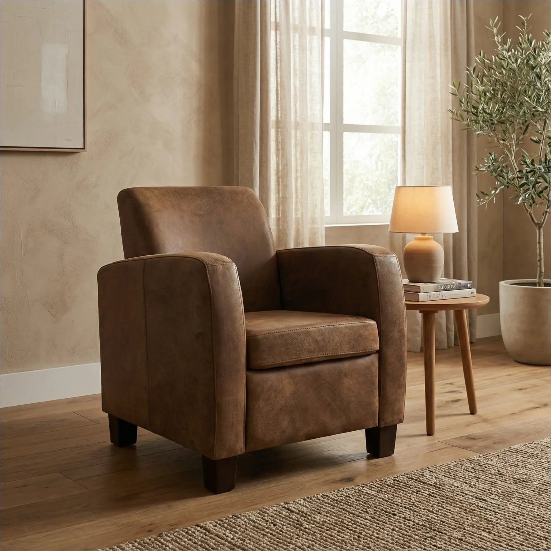afbeelding van Leren fauteuil Joy - Kenia Brown (bruin) - Poten hout bruin