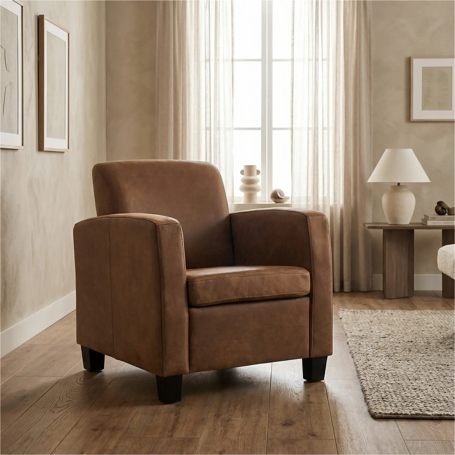 afbeelding van Leren fauteuil Joy - Kenia Brown (bruin) - Poten hout zwart