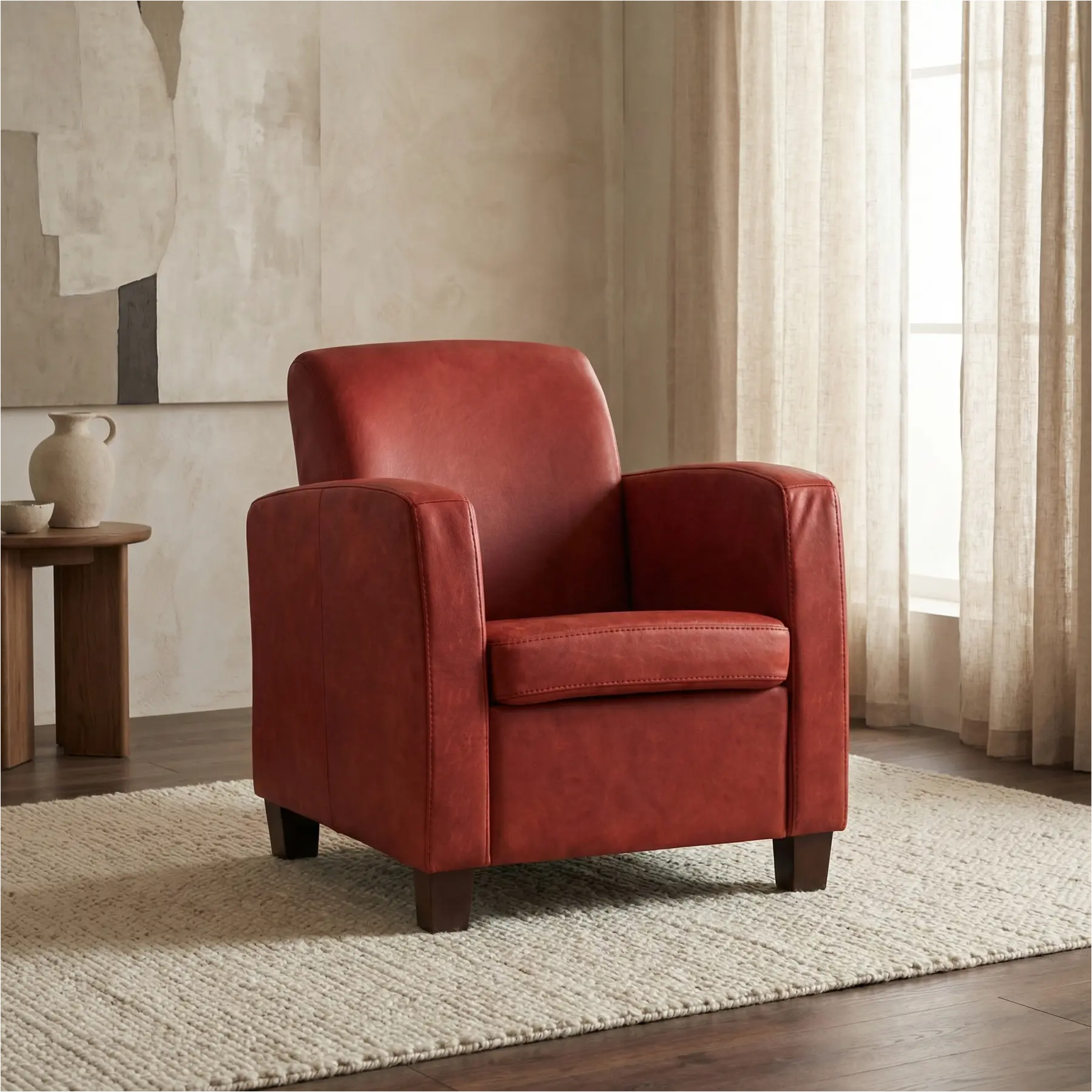 afbeelding van Leren fauteuil Joy - Kenia Burgundy (rood) - Poten hout bruin