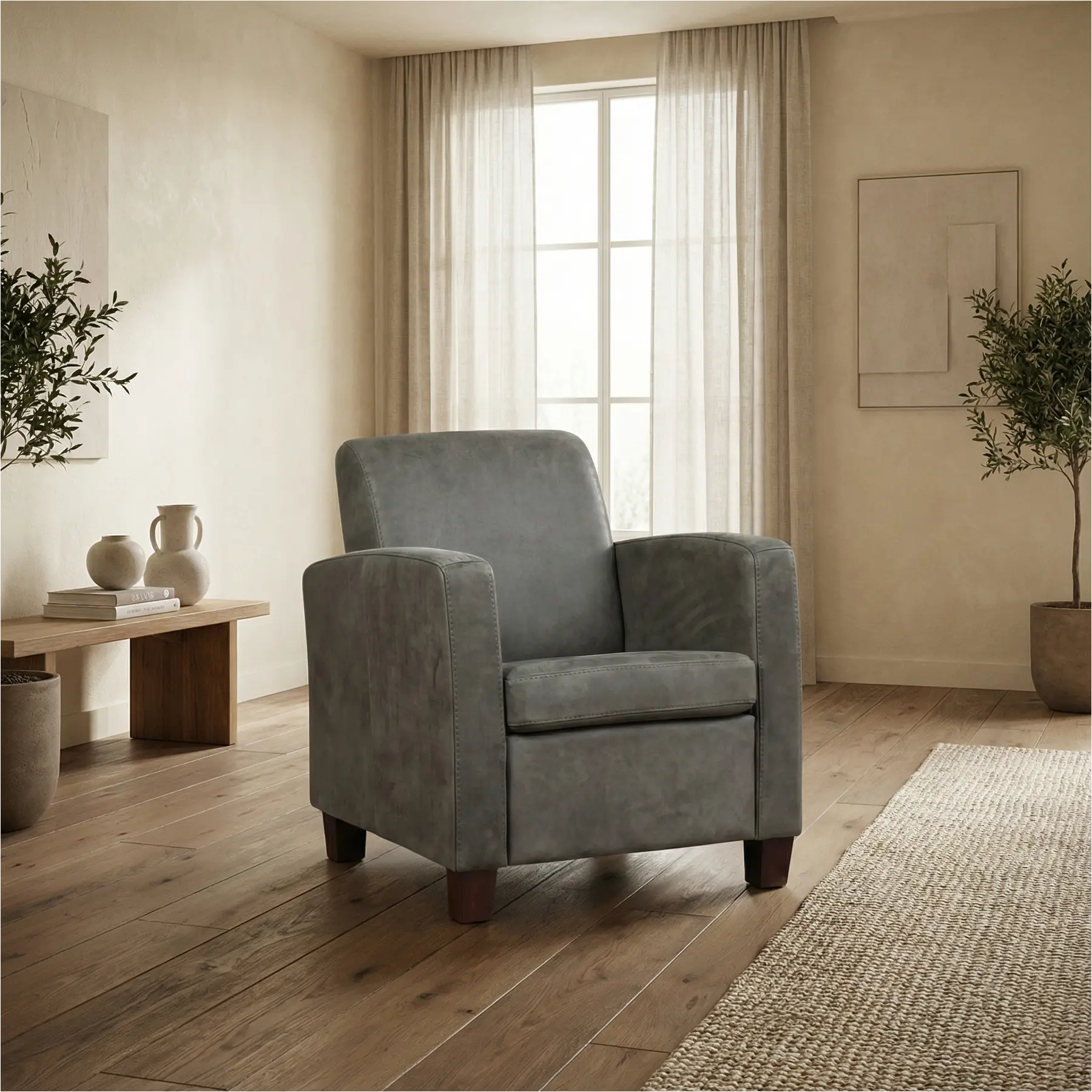 afbeelding van Leren fauteuil Joy - Kenia Antracite (grijs) - Poten hout zwart