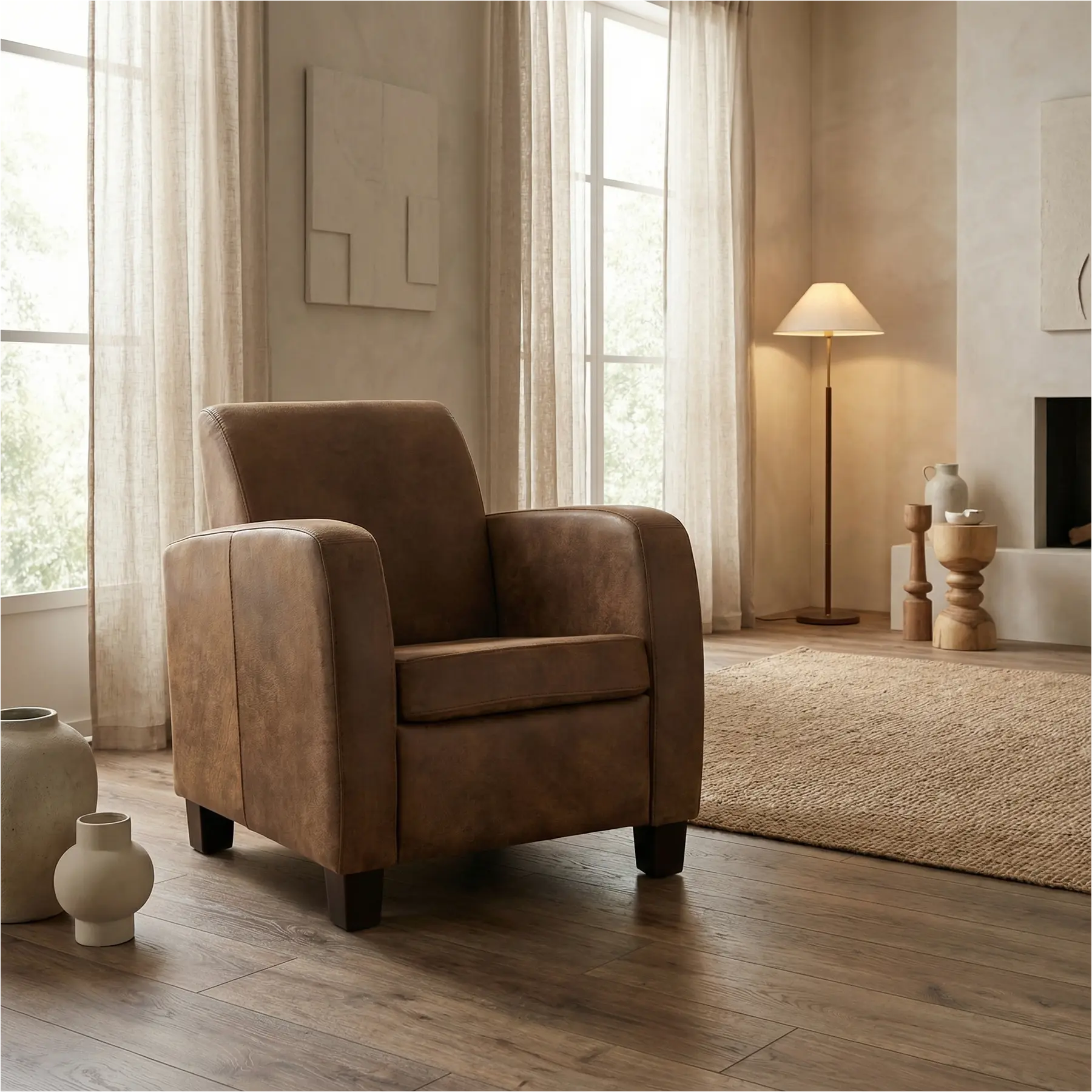 afbeelding van Leren fauteuil Joy - Kenia Brown (bruin) - Poten hout bruin