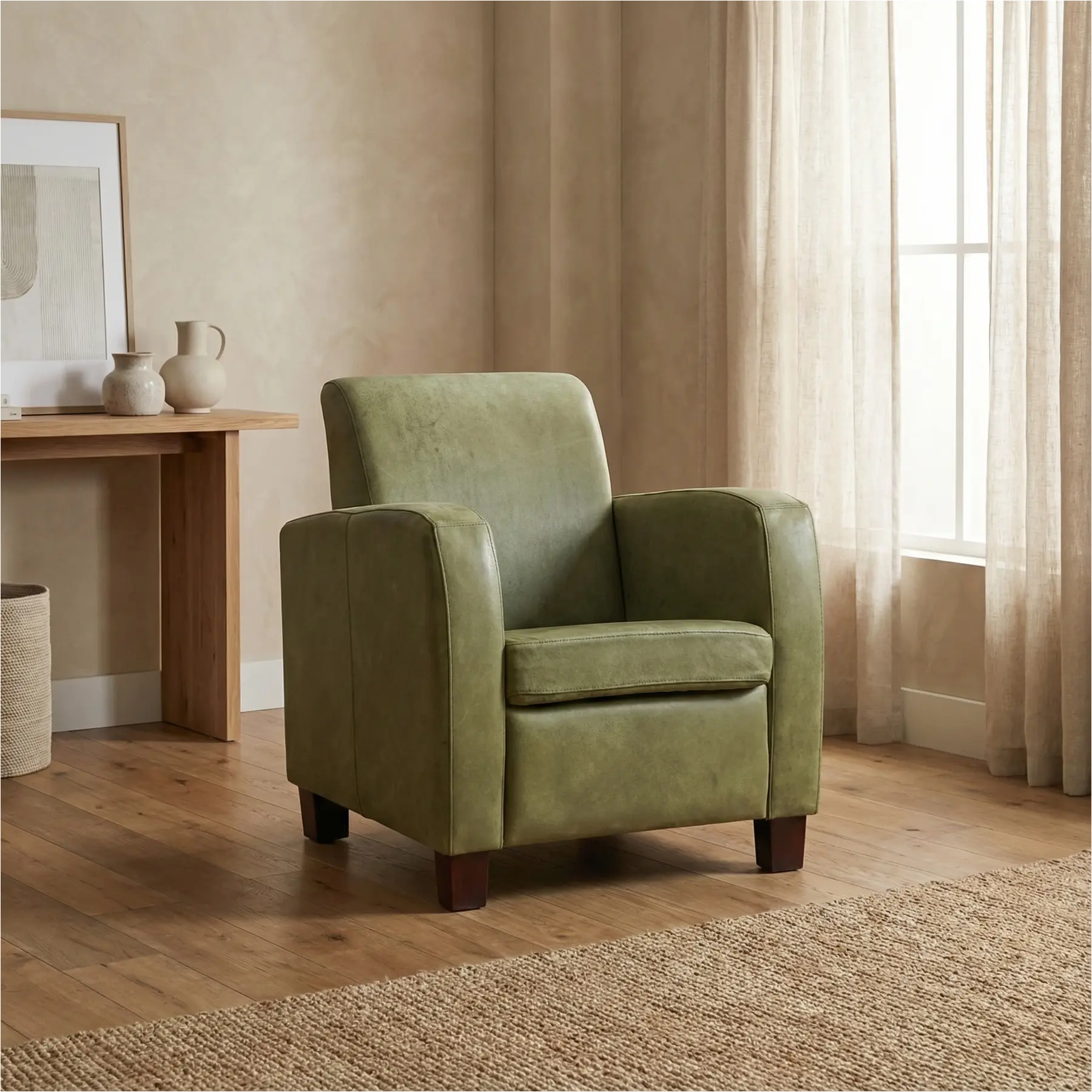 afbeelding van Leren fauteuil Joy - Kenia Olive (olijf) - Poten hout zwart