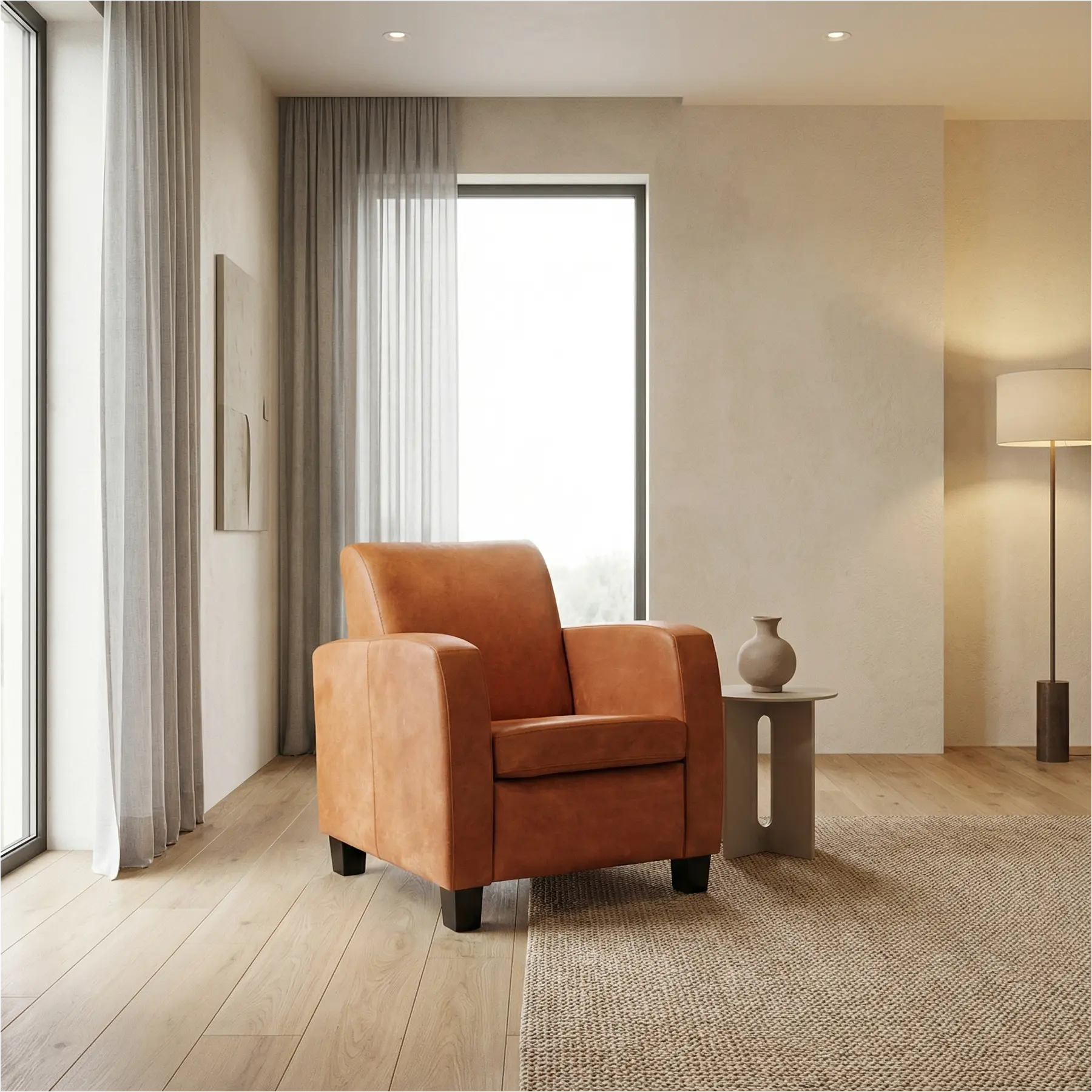 afbeelding van Leren fauteuil Joy - Kenia Rost (oranje) - Poten hout bruin