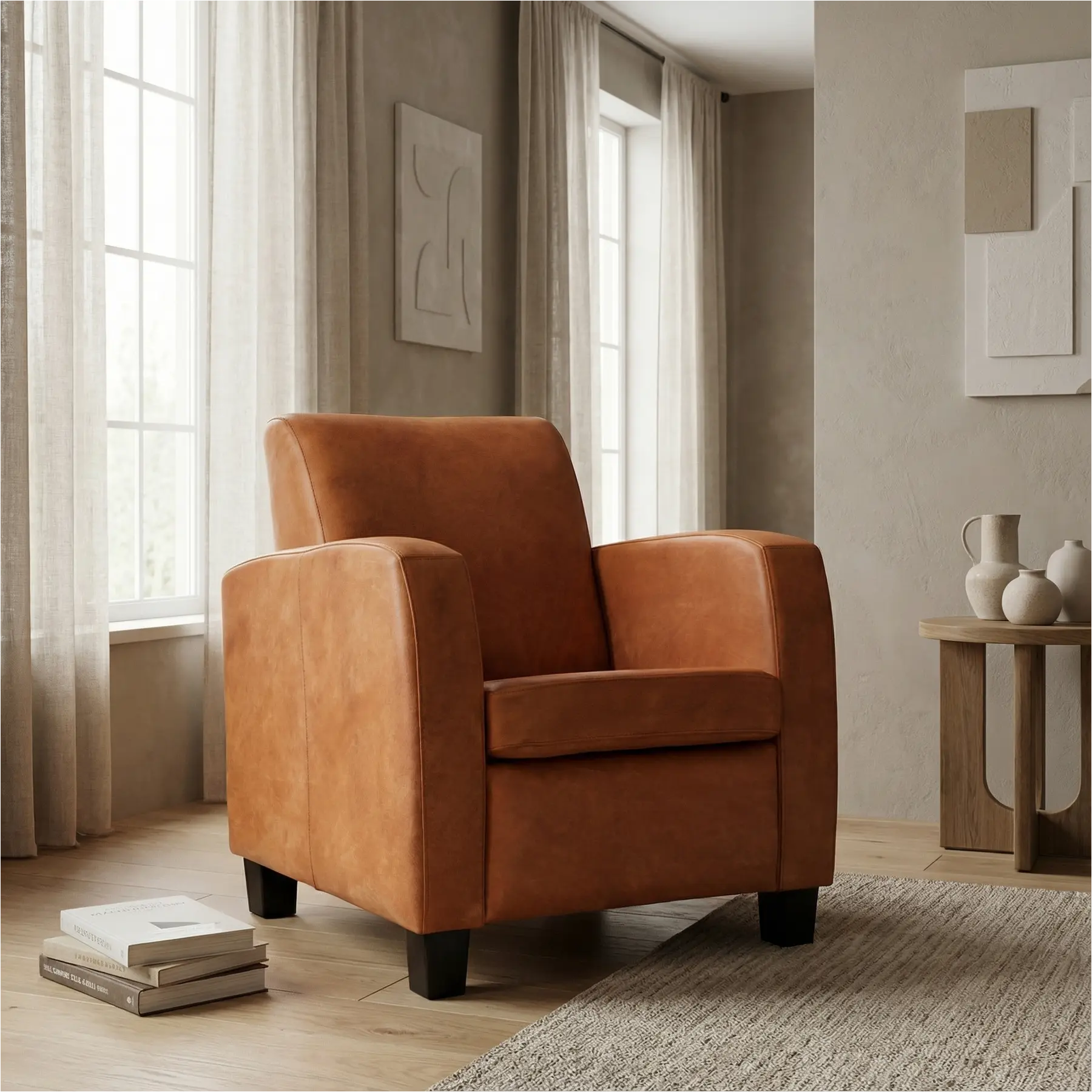 afbeelding van Leren fauteuil Joy - Kenia Rost (oranje) - Poten hout zwart