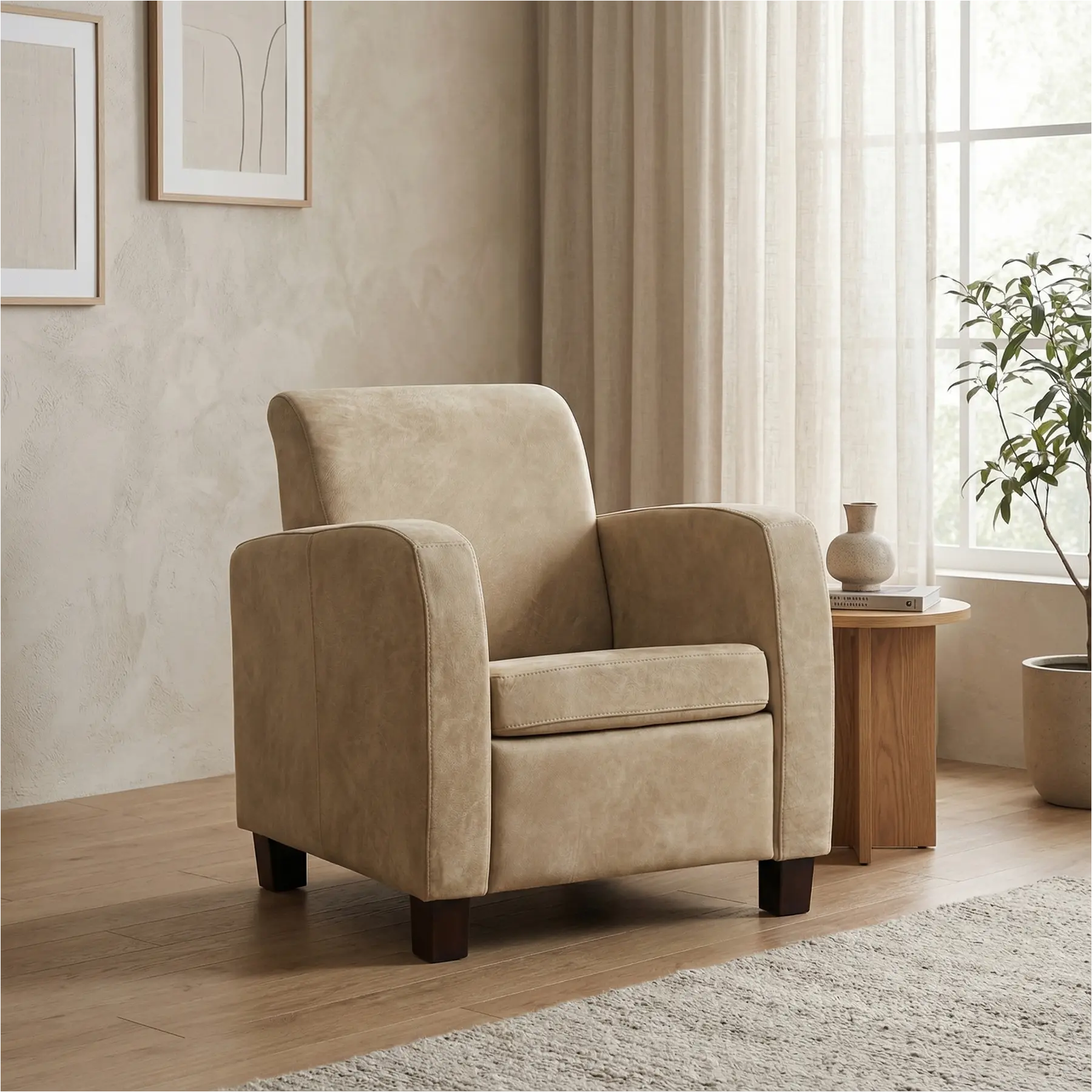 afbeelding van Leren fauteuil Joy - Kenia Taupe (taupe/bruin) - Poten hout zwart