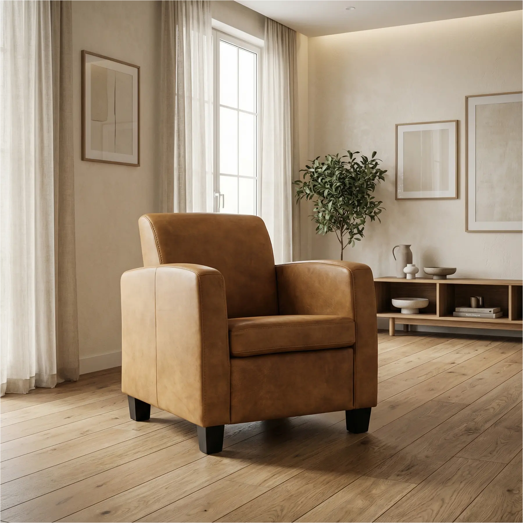 afbeelding van Leren fauteuil Joy - Kenia Walnut (cognac) - Poten hout zwart