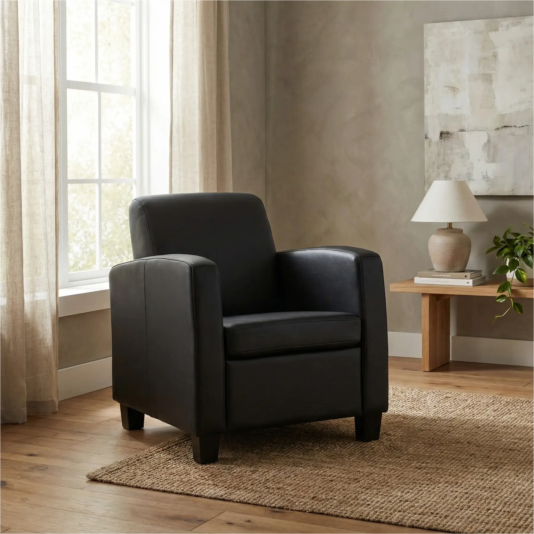 afbeelding van Leren fauteuil Joy - Massif Nero (zwart) - Poten hout bruin