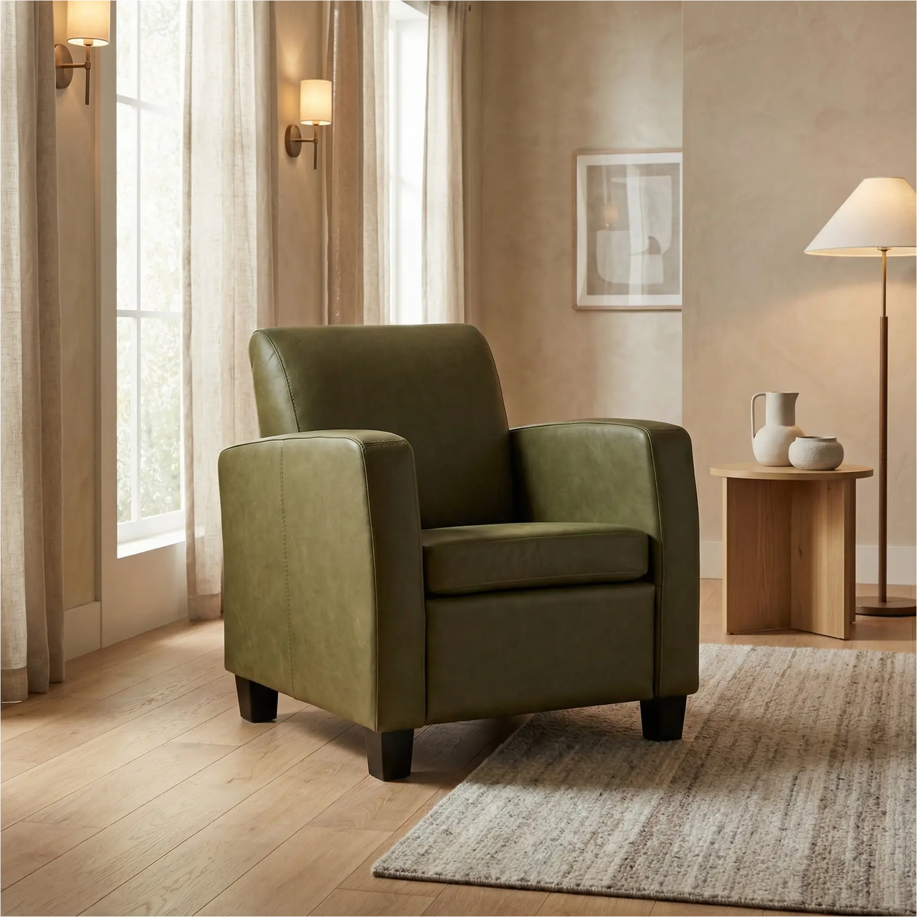 afbeelding van Leren fauteuil Joy - Rancho Green (olijf/groen) - Poten hout zwart