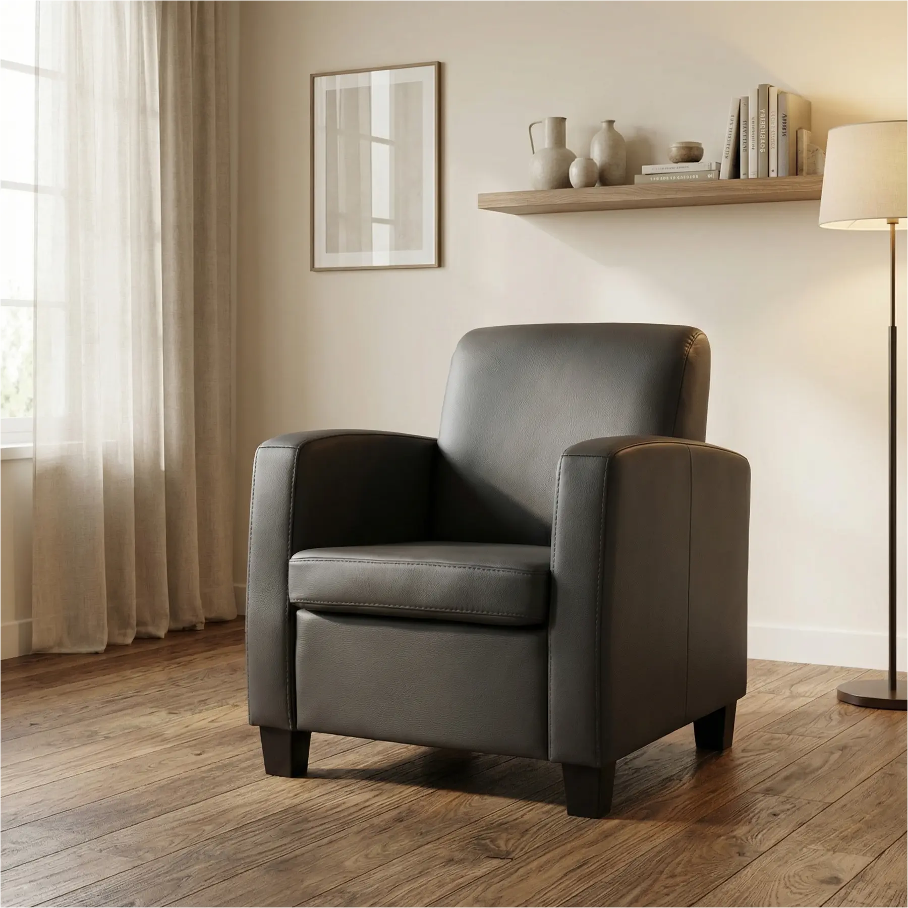 afbeelding van Leren fauteuil Joy - Toledo Antracite (donkergrijs) - Poten hout bruin
