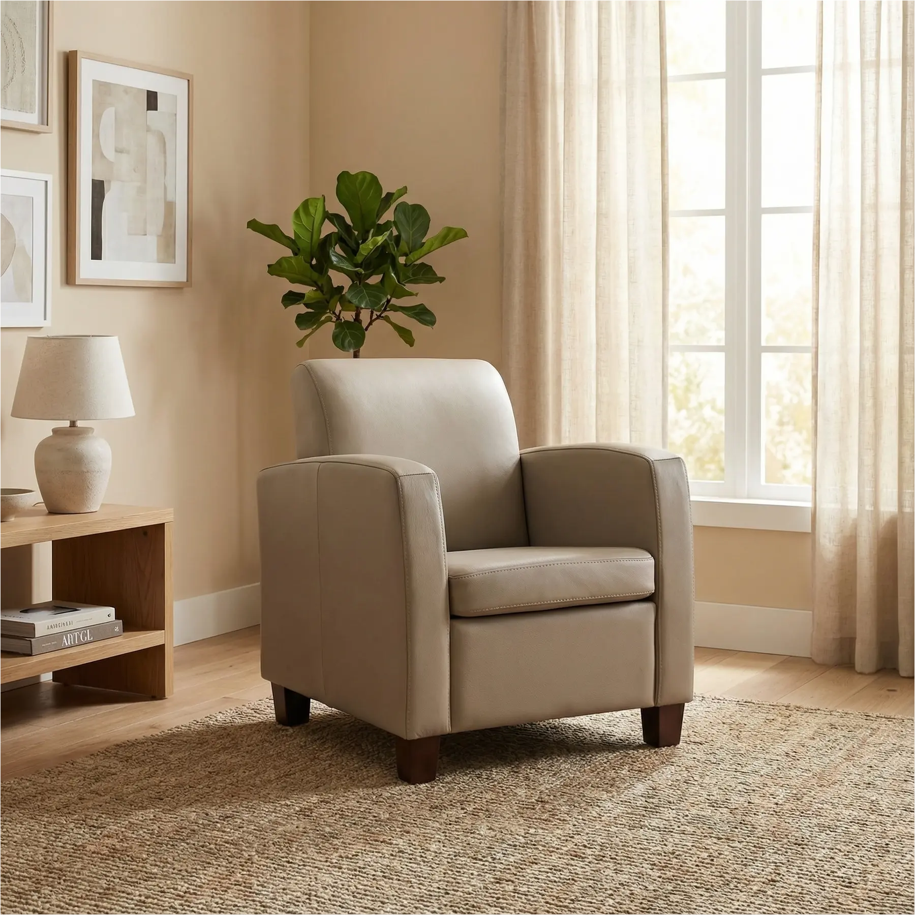 afbeelding van Leren fauteuil Joy - Toledo Khaki (taupe/bruin) - Poten hout bruin