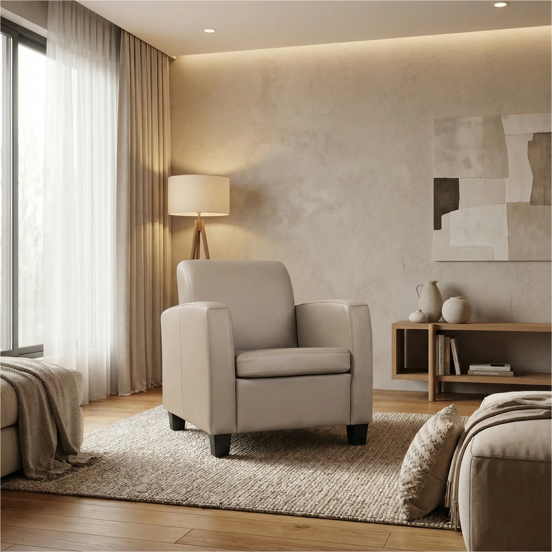 afbeelding van Leren fauteuil Joy - Toledo Khaki (taupe/bruin) - Poten hout zwart