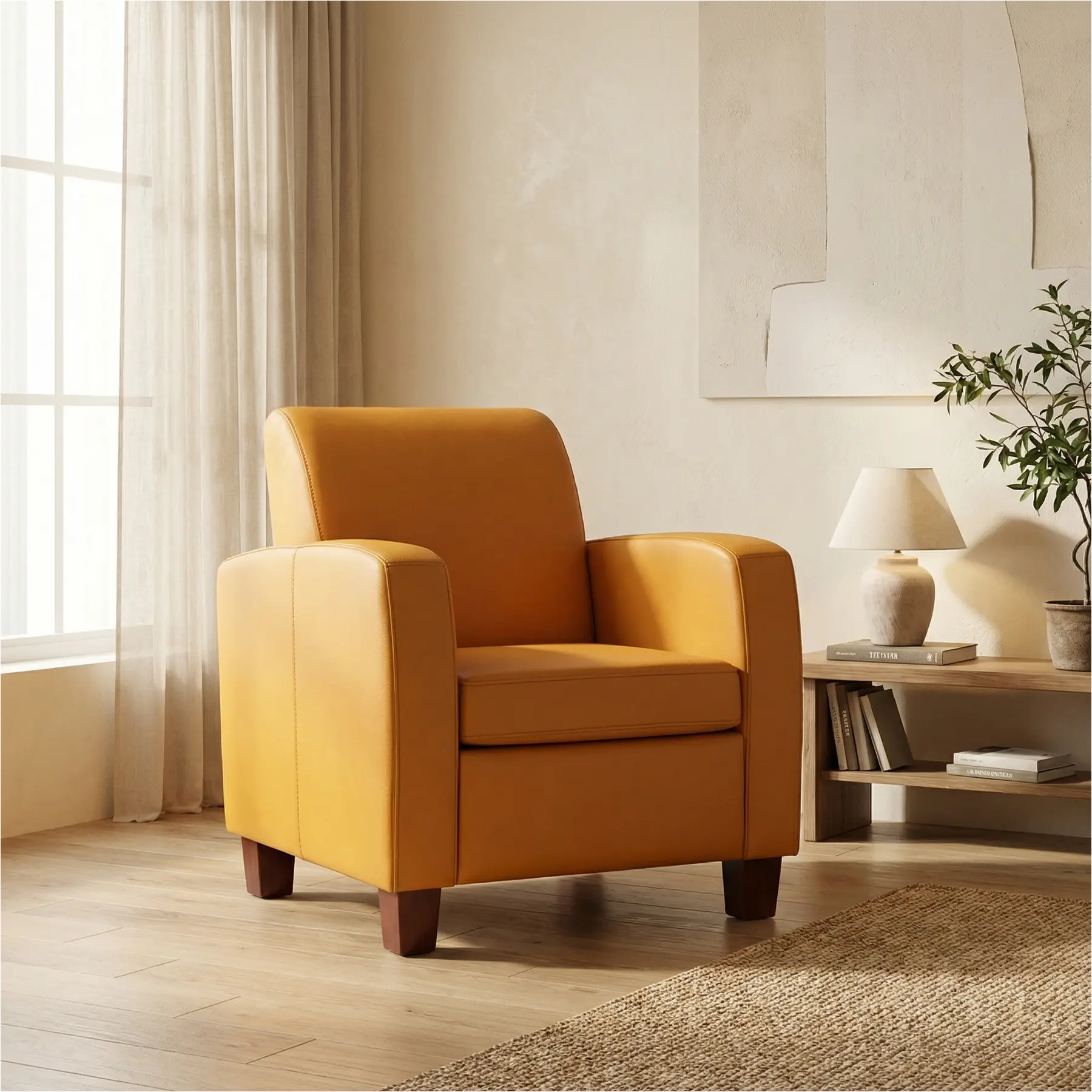 afbeelding van Leren fauteuil Joy - Toledo Leem (geel/bruin) - Poten hout bruin