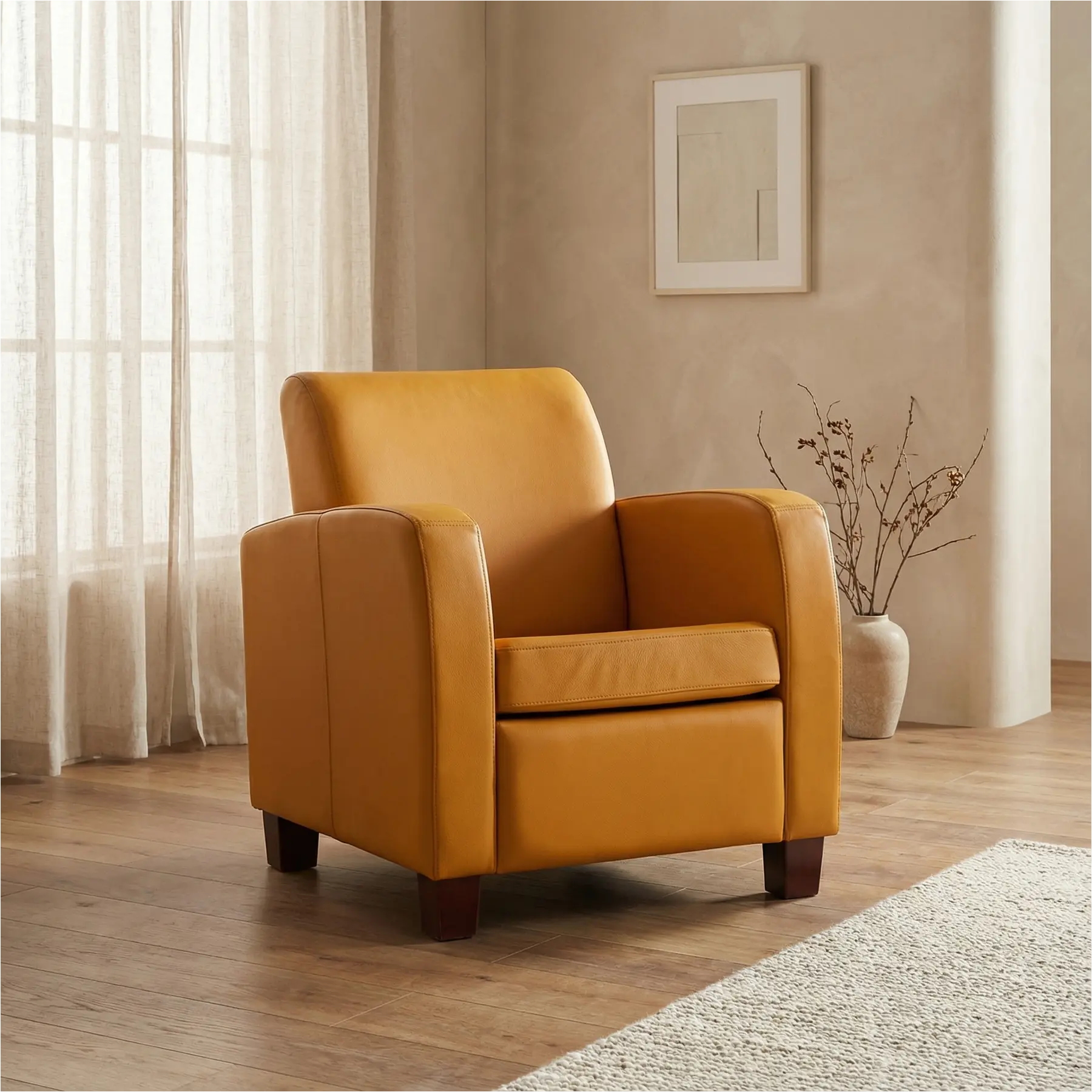 afbeelding van Leren fauteuil Joy - Toledo Leem (geel/bruin) - Poten hout zwart