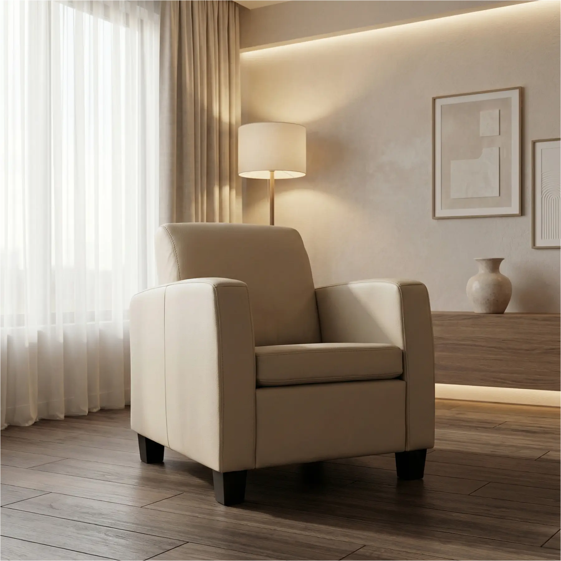 afbeelding van Leren fauteuil Joy - Toledo Mastic (taupe/bruin) - Poten hout zwart