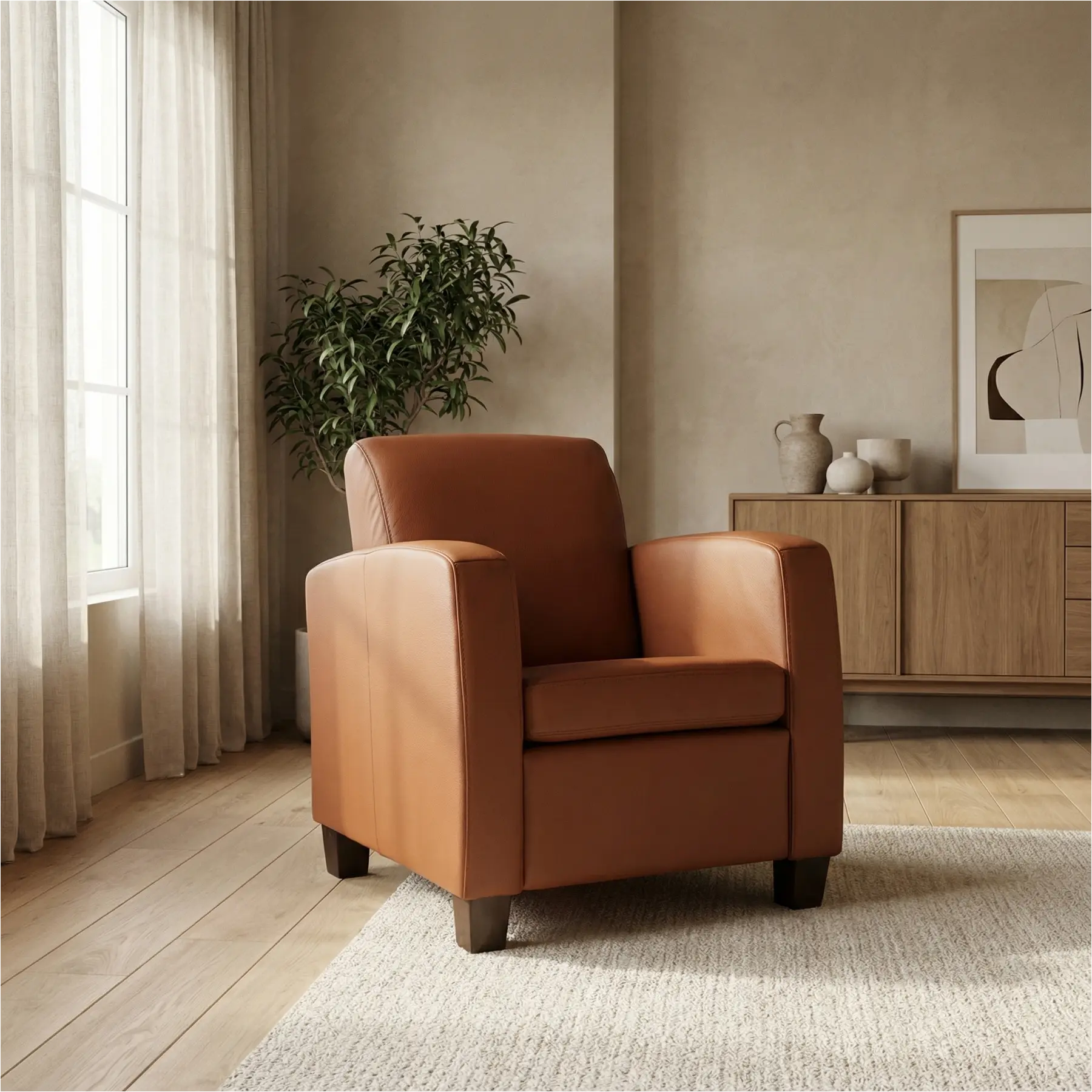 afbeelding van Leren fauteuil Joy - Toledo Natur (cognac) - Poten hout zwart
