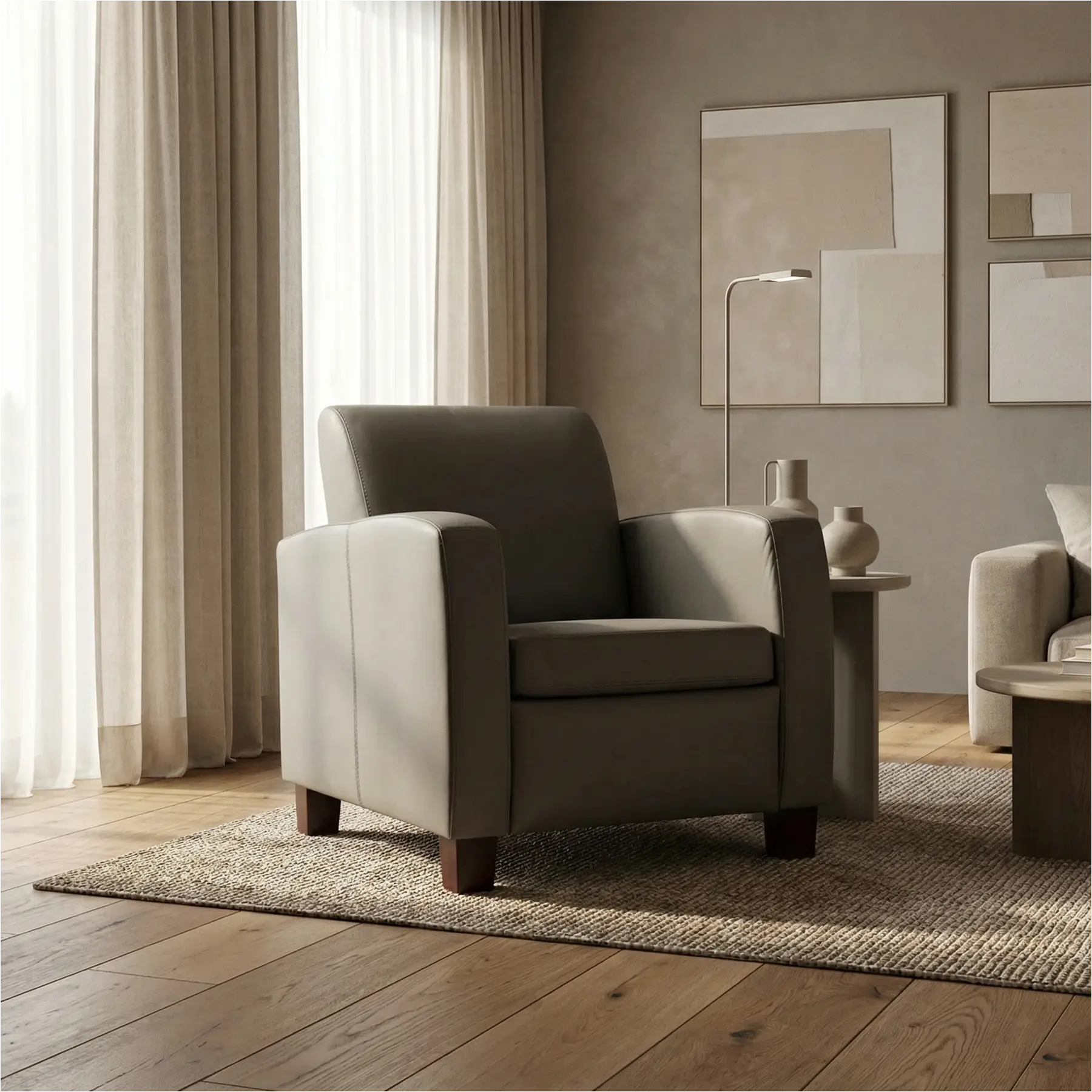 afbeelding van Leren fauteuil Joy - Toledo Smog (grijs) - Poten hout zwart