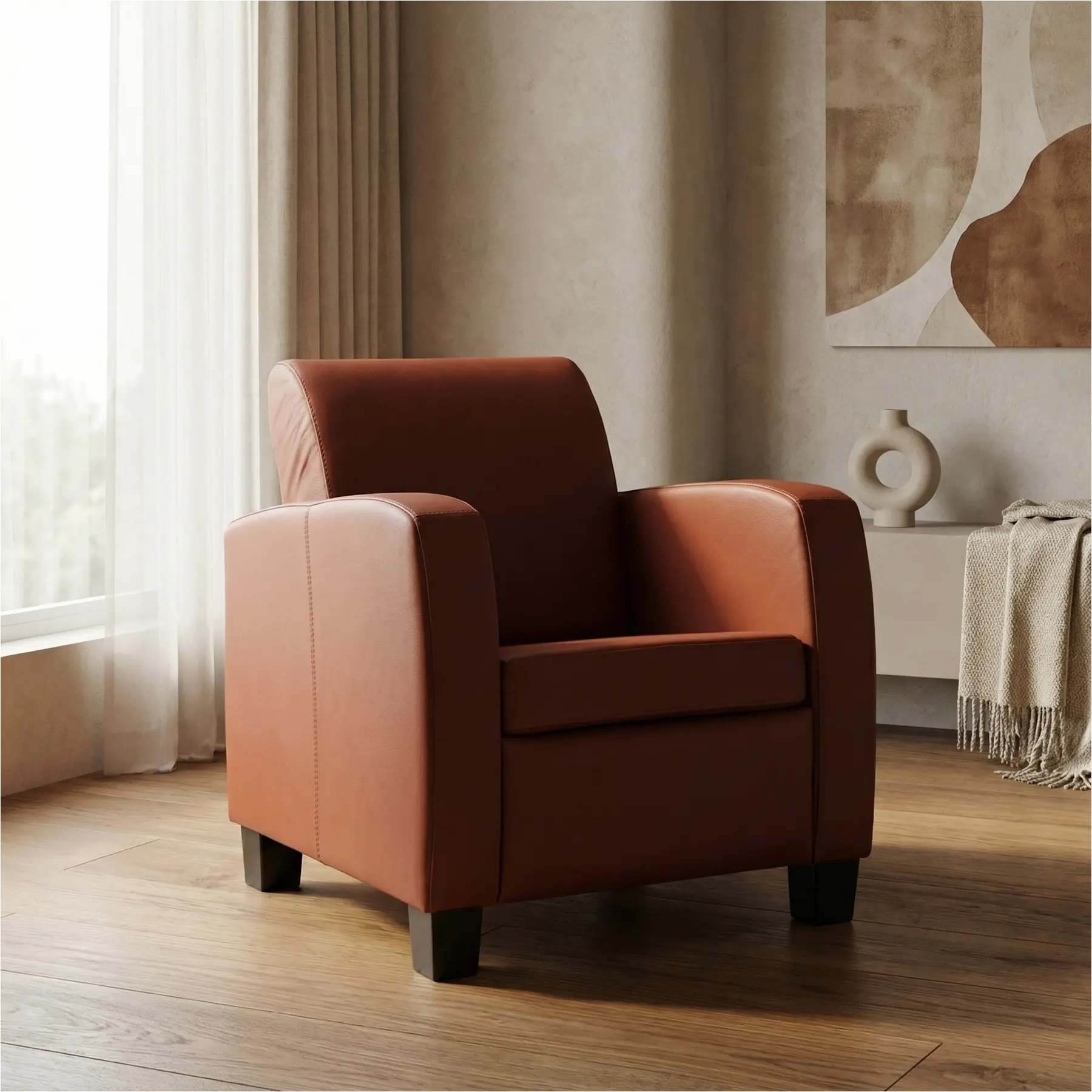 afbeelding van Leren fauteuil Joy - Toledo Terra (donkercognac) - Poten hout bruin