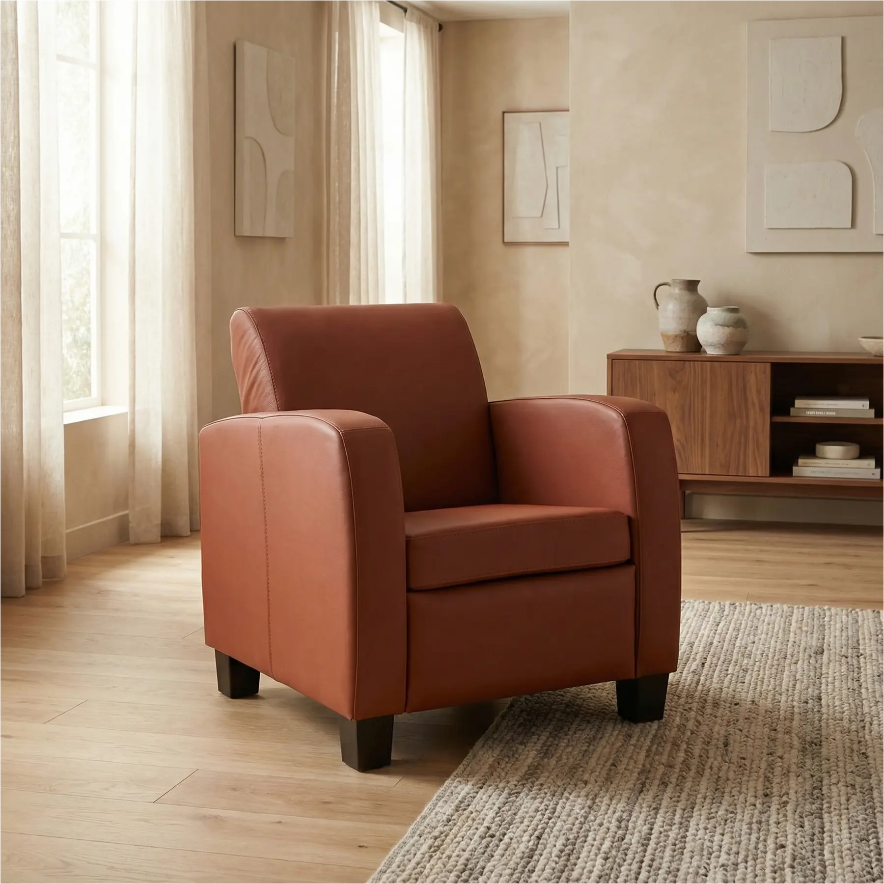 afbeelding van Leren fauteuil Joy - Toledo Terra (donkercognac) - Poten hout zwart