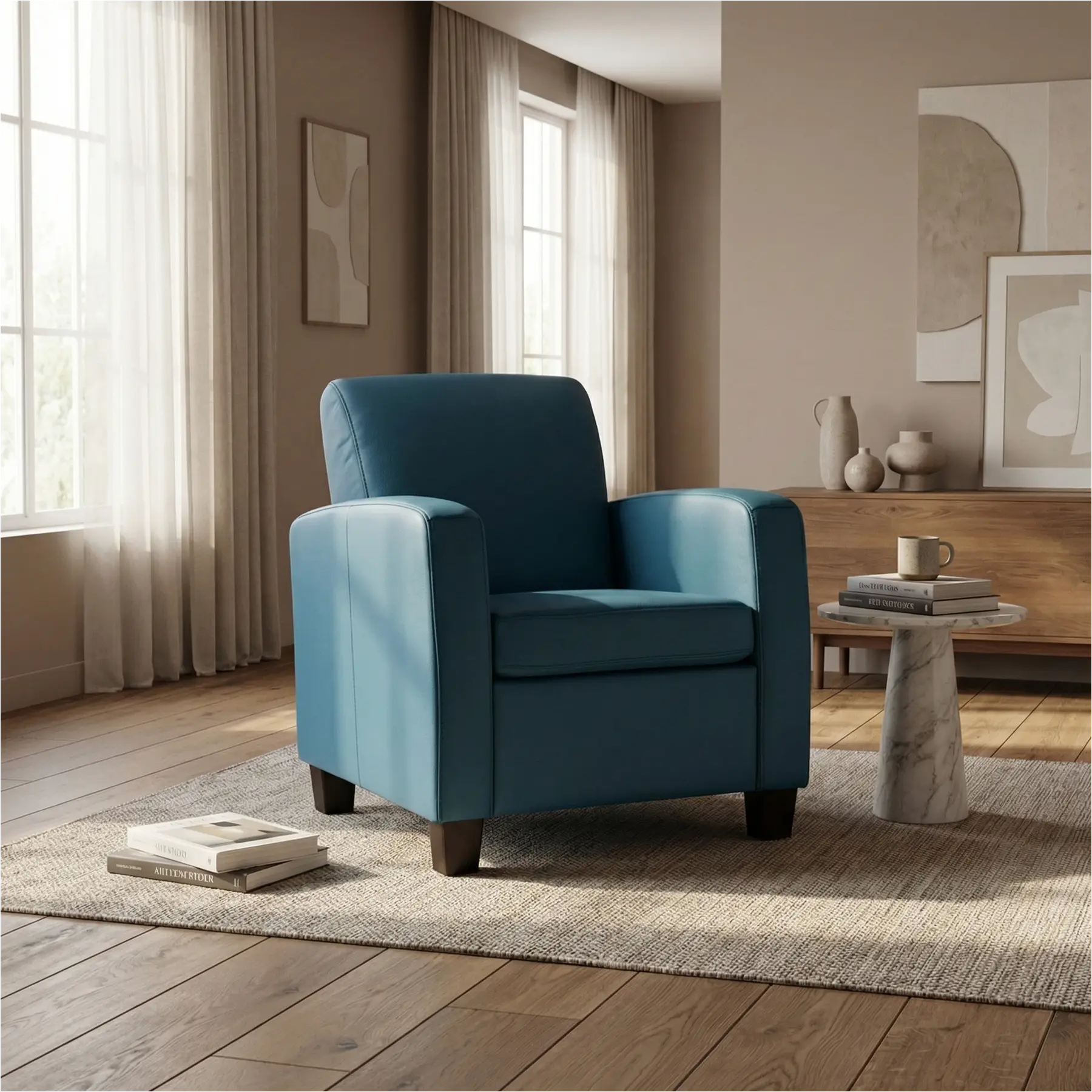 afbeelding van Leren fauteuil Joy - Toledo Turquoise (blauw) - Poten hout bruin