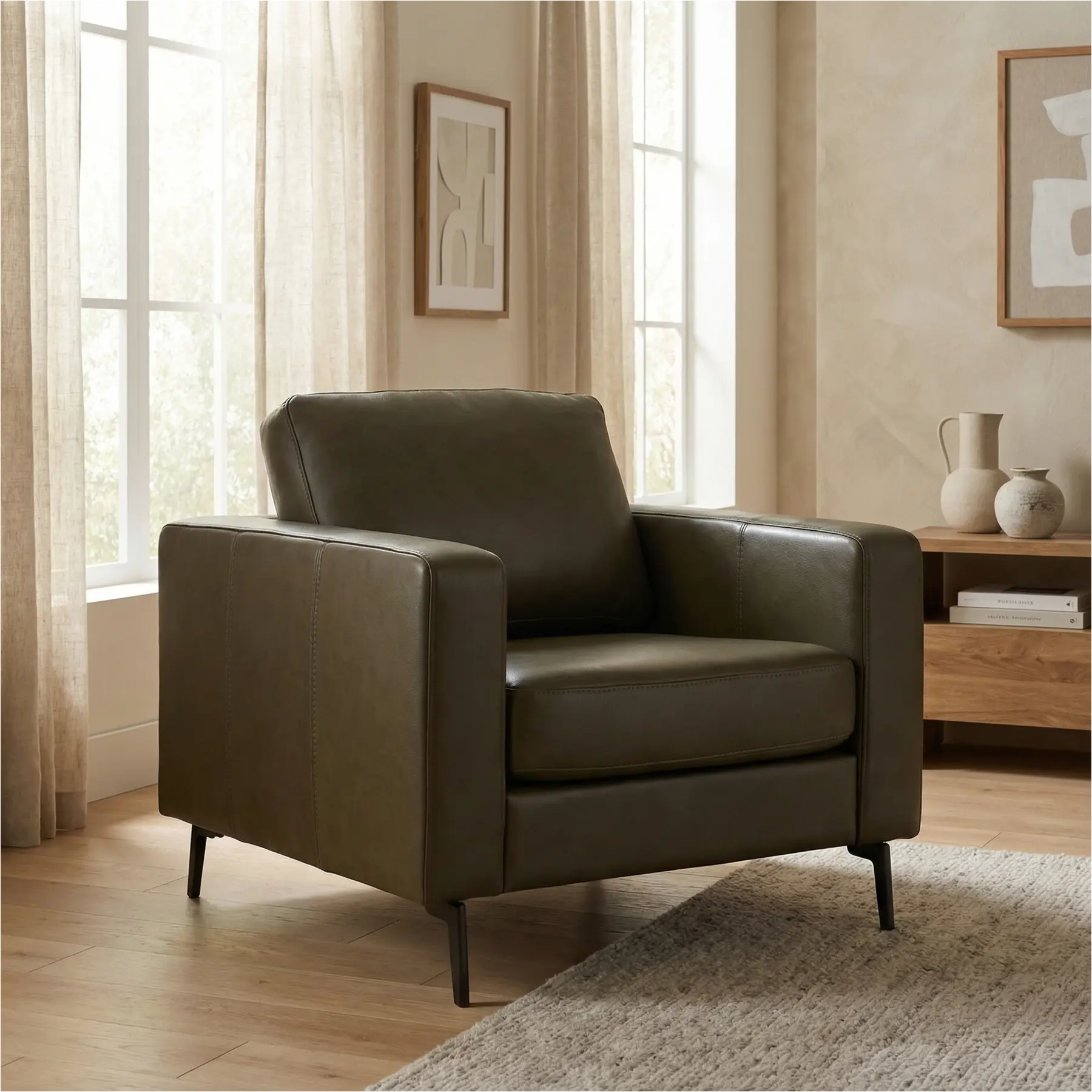 afbeelding van Leren fauteuil Match - Rancho Green (olijf/groen) - Poten staal zwart