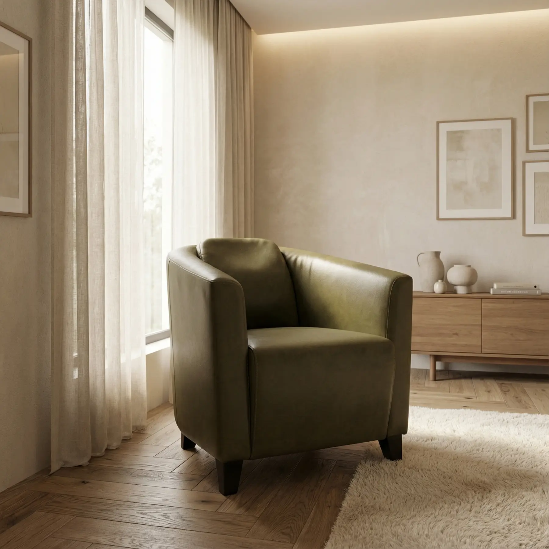 afbeelding van Leren fauteuil Press - Granada Moss (olijf/groen) - Poten hout zwart