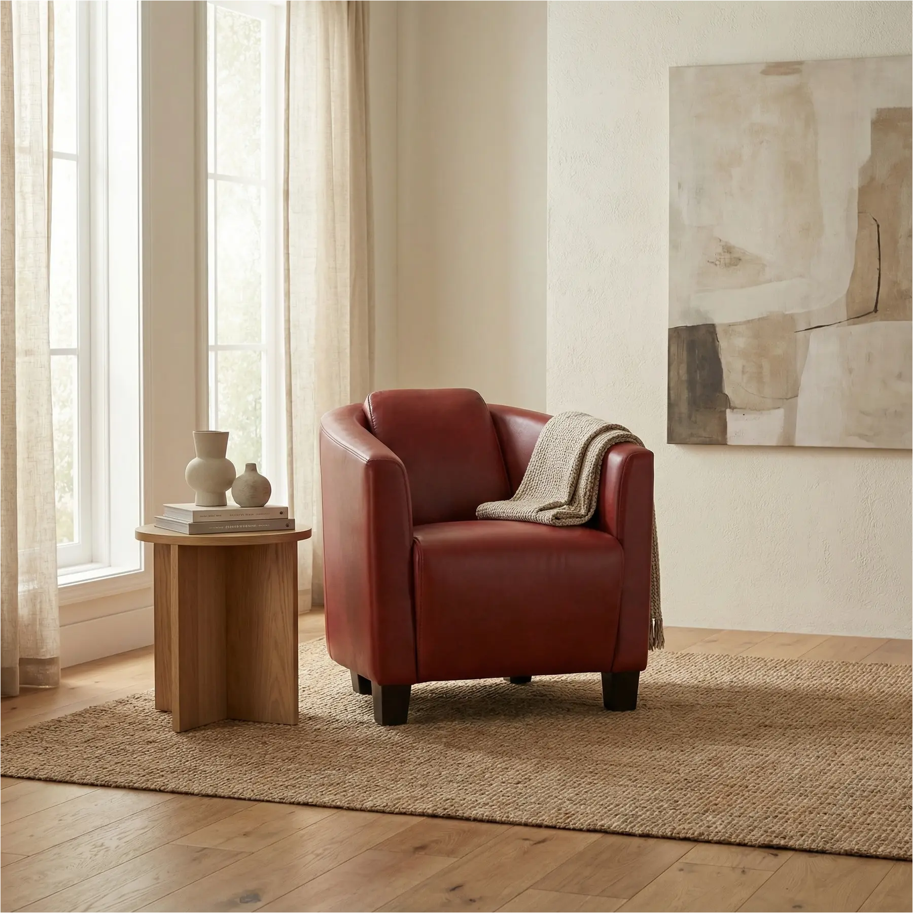 afbeelding van Leren fauteuil Press - Granada Rouge (rood) - Poten hout bruin