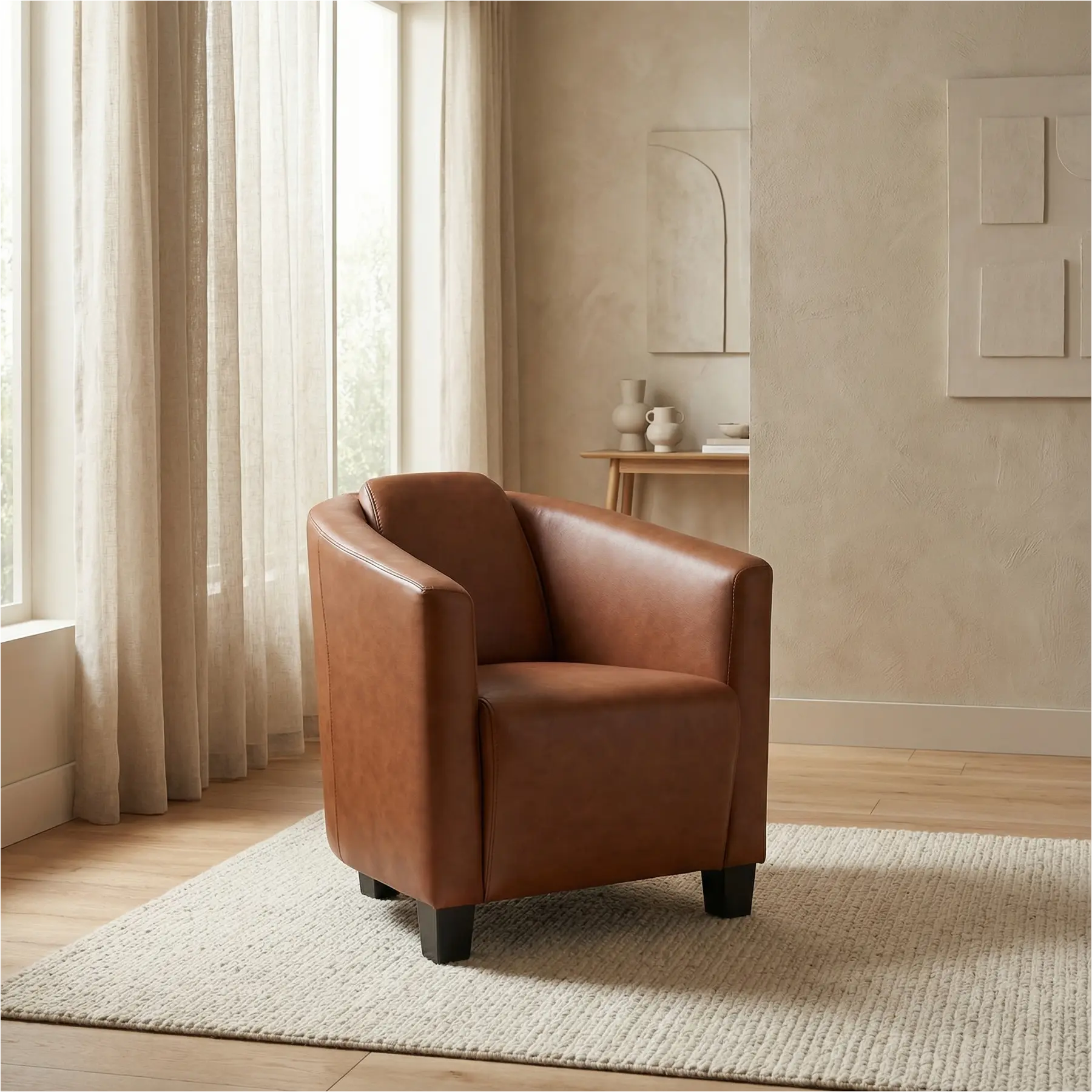 afbeelding van Leren fauteuil Press - Massif Armagnac (donkercognac) - Poten hout zwart